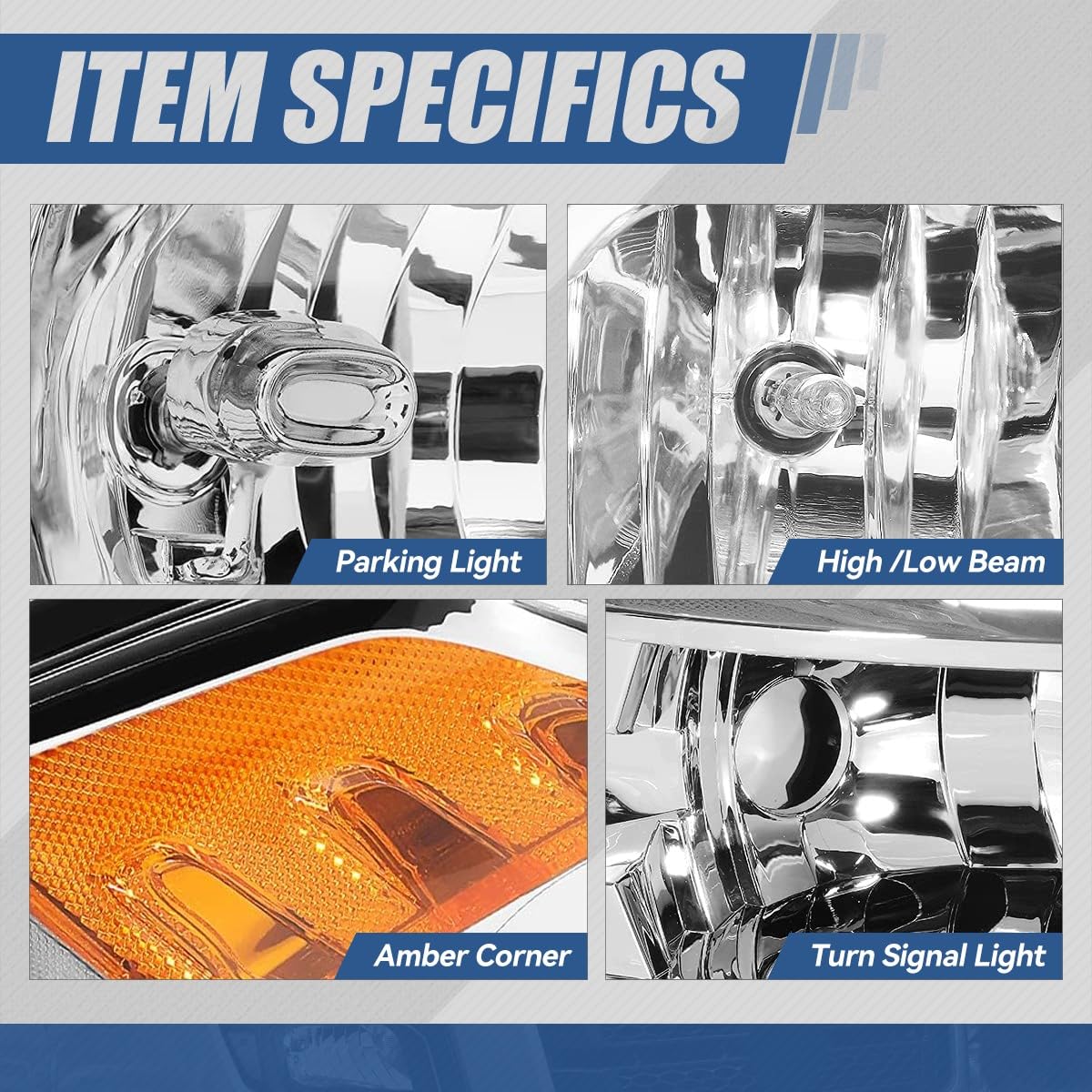 Auto Dynasty Quad Headlights Assembly Compatible With 2009-2010 Dodge Ram 1500-3500 New Body, 2011-2018 Ram 1500-5500, Halogen Headlamps Replacement, Left And Right Side, Chrome Housing Amber Corner