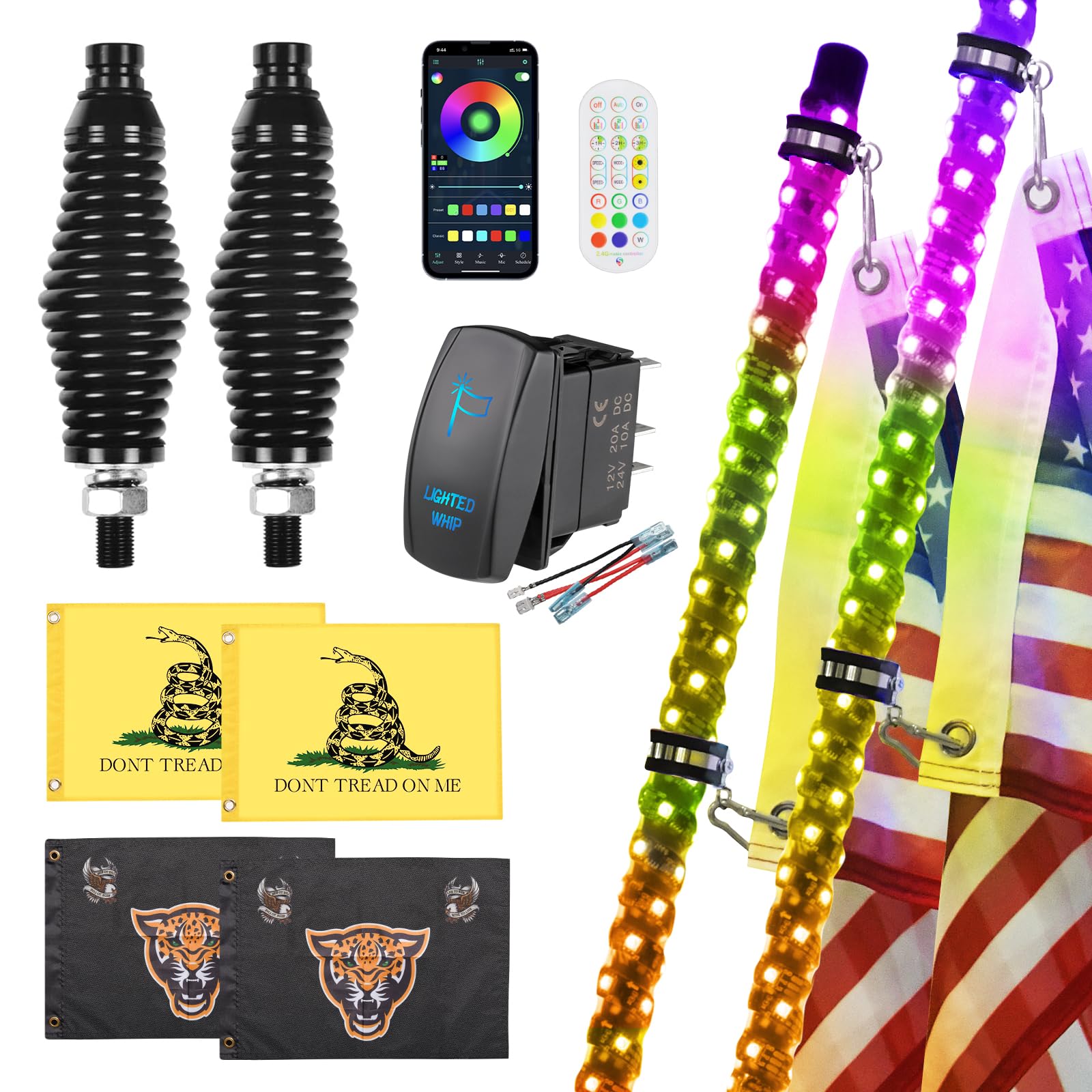 Ehaho 2 Pack 5Ft Whip Lights With Spring Base,Led Whip Light With App & Remote Control, Spiral Rgb Chasing Lighted Whips With Ro