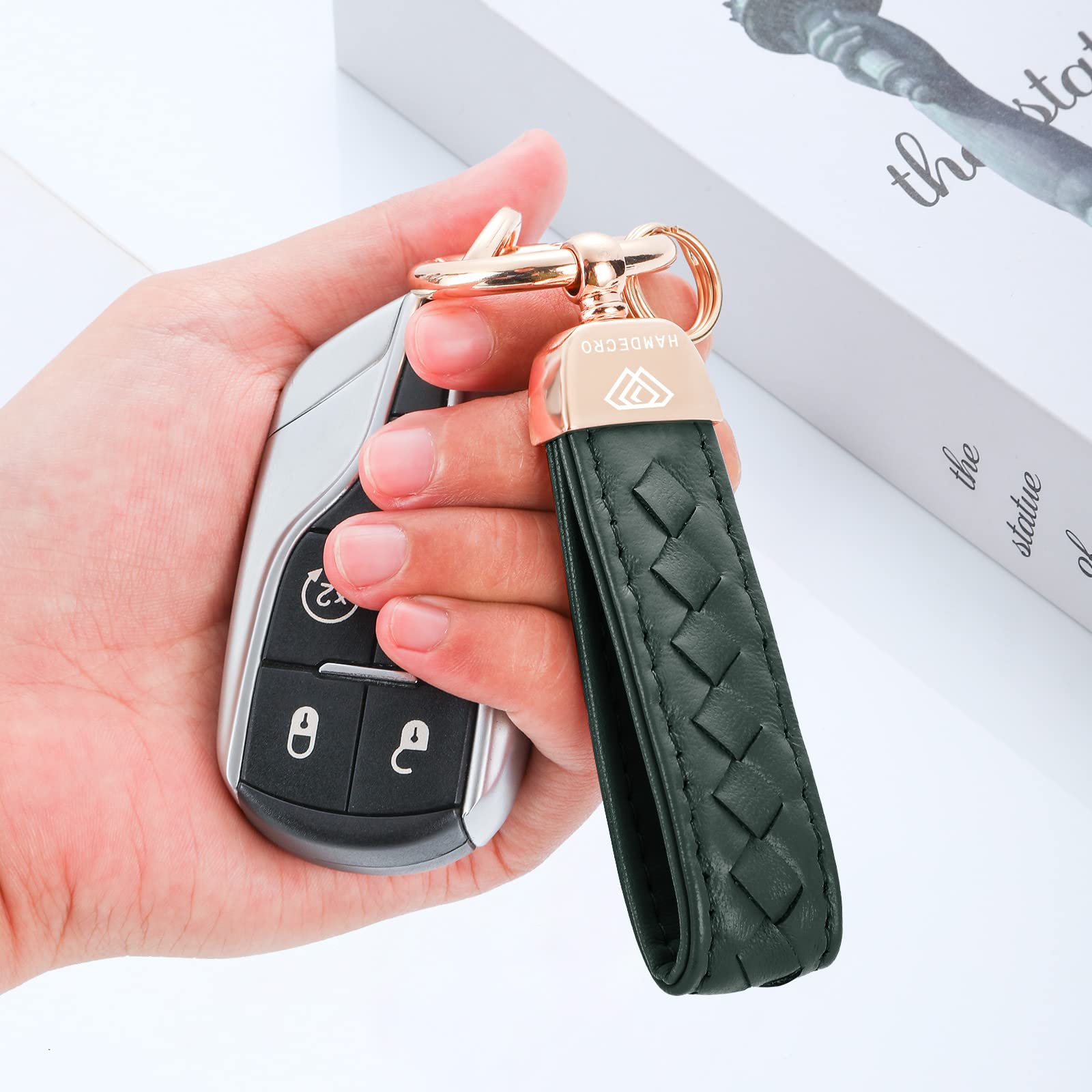 Hamdecro Genuine Leather Keychains, Handmade Knit Sheepskin Car Key Chains For Women, Universal Key Fob Holder With 360 Degree Rotatable, Anti-Lost D-Ring, 2 Keyrings And 1 Screwdriver - Green