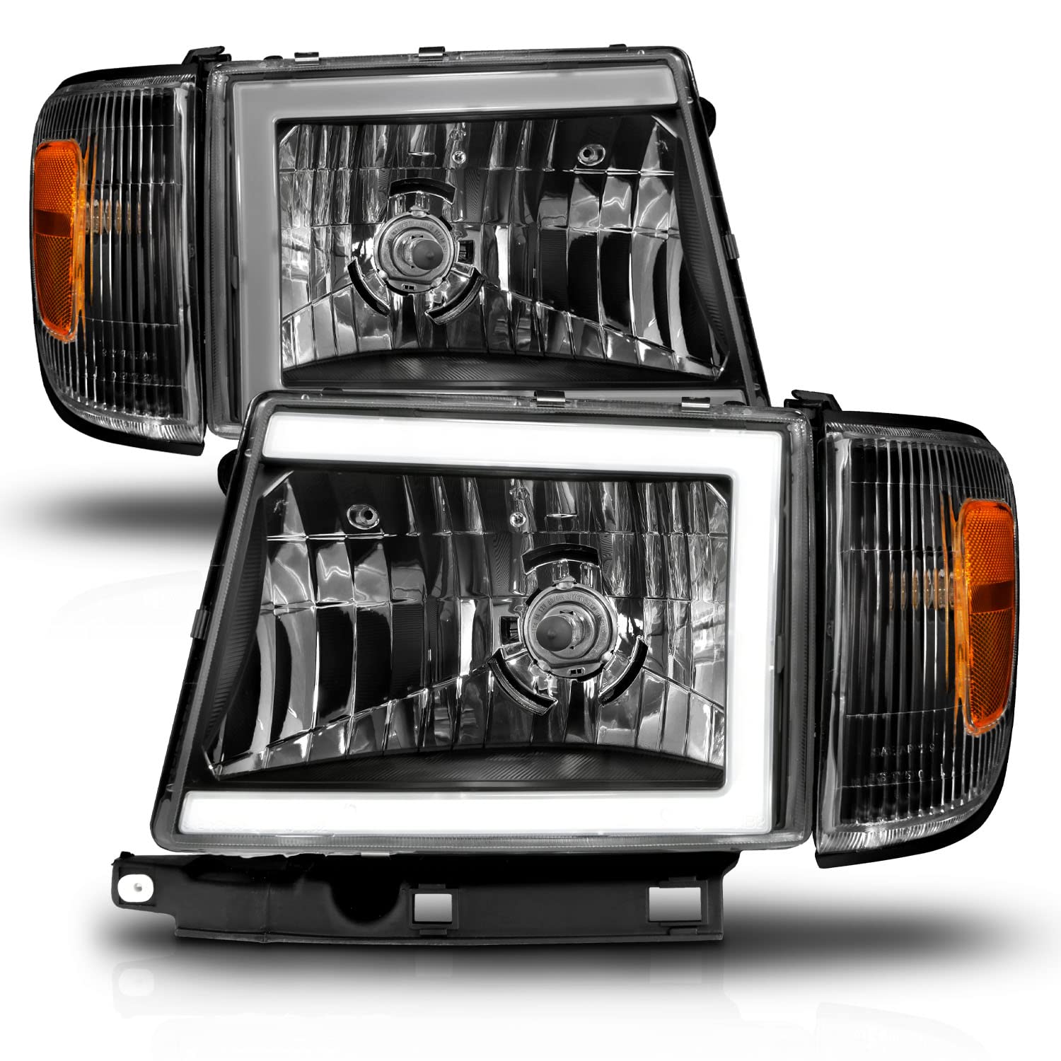 Amerilite For 1997-2000 Toyota Tacoma 2Wd Pickup Led Tube Black Reaplcement Headlights + Corner Light Set - Passenger And Driver Side