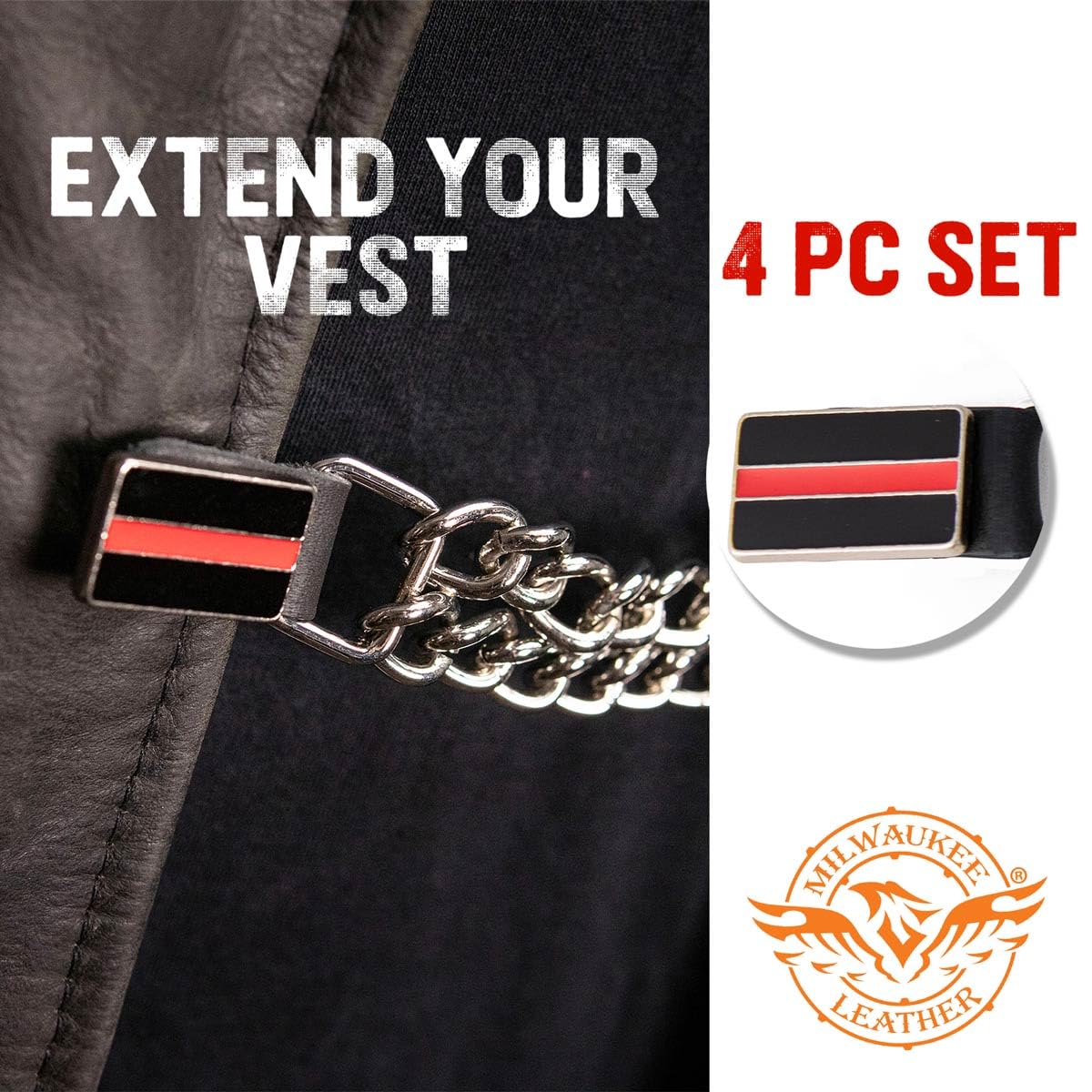 Milwaukee Leather Thin Red Line Medallion Vest Extender - Double Chrome Chains Genuine Leather 6.5 Extension 4-PCS MLA6028SET