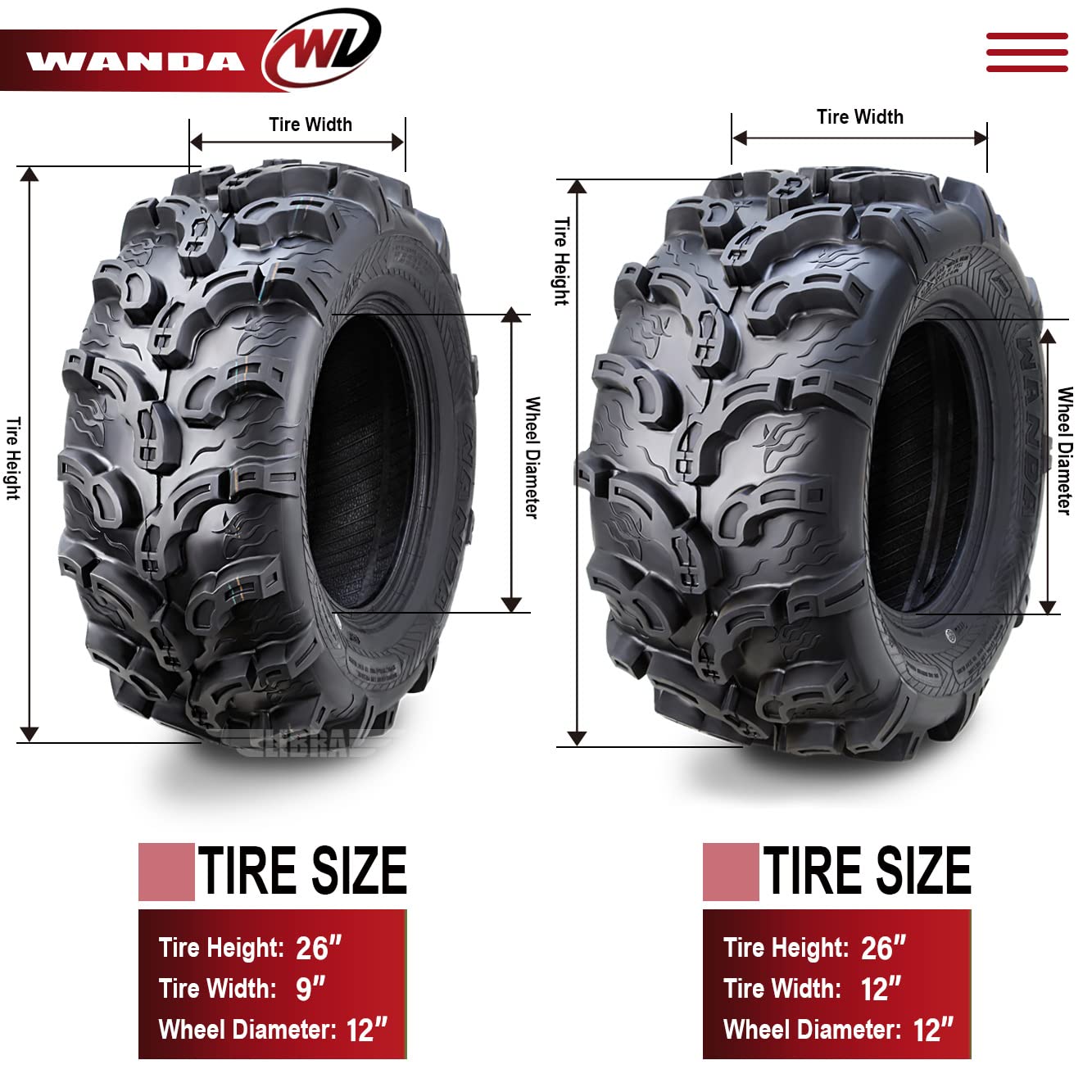 Wanda Set Of 4 New Premium Atv/Utv Tires 26X9-12 Front & 26X12-12 Rear /6Pr Super Lug Mud