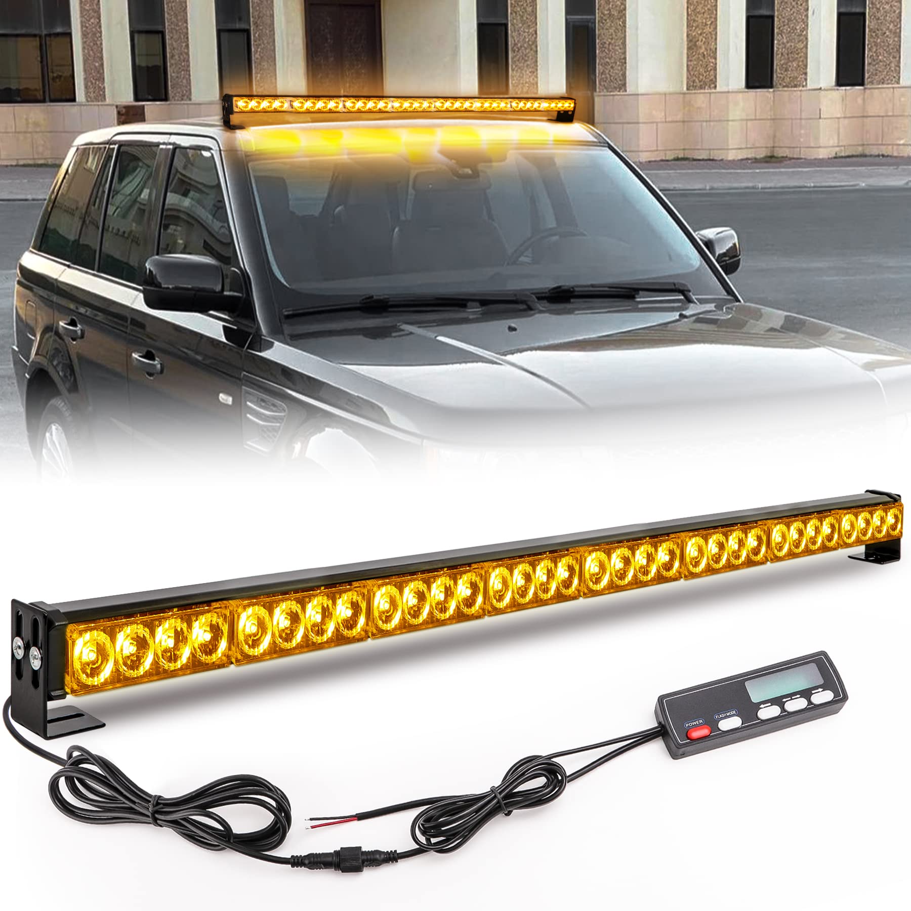Traffic Advisor Light Bar 36 Inch 16 Flash Modes 32 Led Emergency Strobe Warning Lights Directional Bar Hazard Warning Flashing Safety Light With Led Display Screen Controller(35.5 Inch, Yellow/Amber)