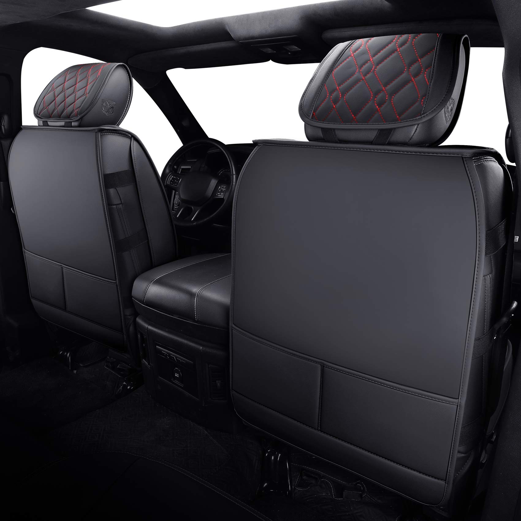 Aierxuan Dodge Ram Car Seat Covers Full Set Custom Fit 2009-2024 1500 2010-2024 2500 3500 Pickup Truck Crew Double Quad Regular Cab Waterproof Leather Cushions(Full Set, Black-Red)