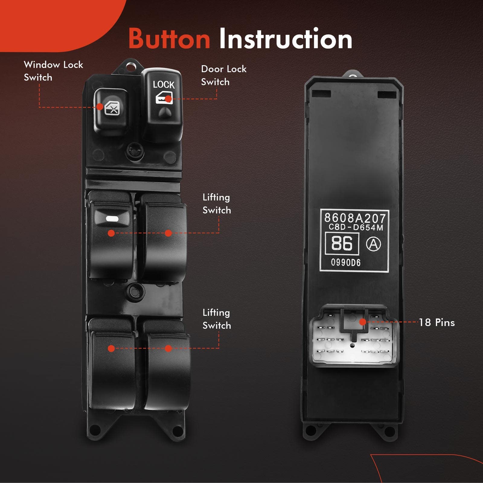 A-Premium Master Power Window Switch Compatible with Mitsubishi Lancer 2008-2015 L4 2.0L 4-Door Sedan, Front Left Driver Side, R