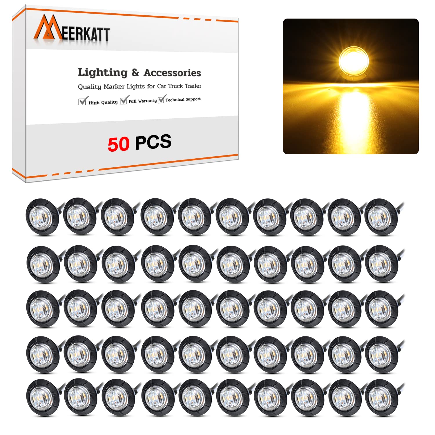 Madcatz (Pack Of 50) Meerkatt Mini Round 3/4 Inch Clear Lens Amber Led Button Universal Side Marker Clearance Lights Fits For Truck Trailer Bus Lorry Pickup 12V Dc W/Grommets