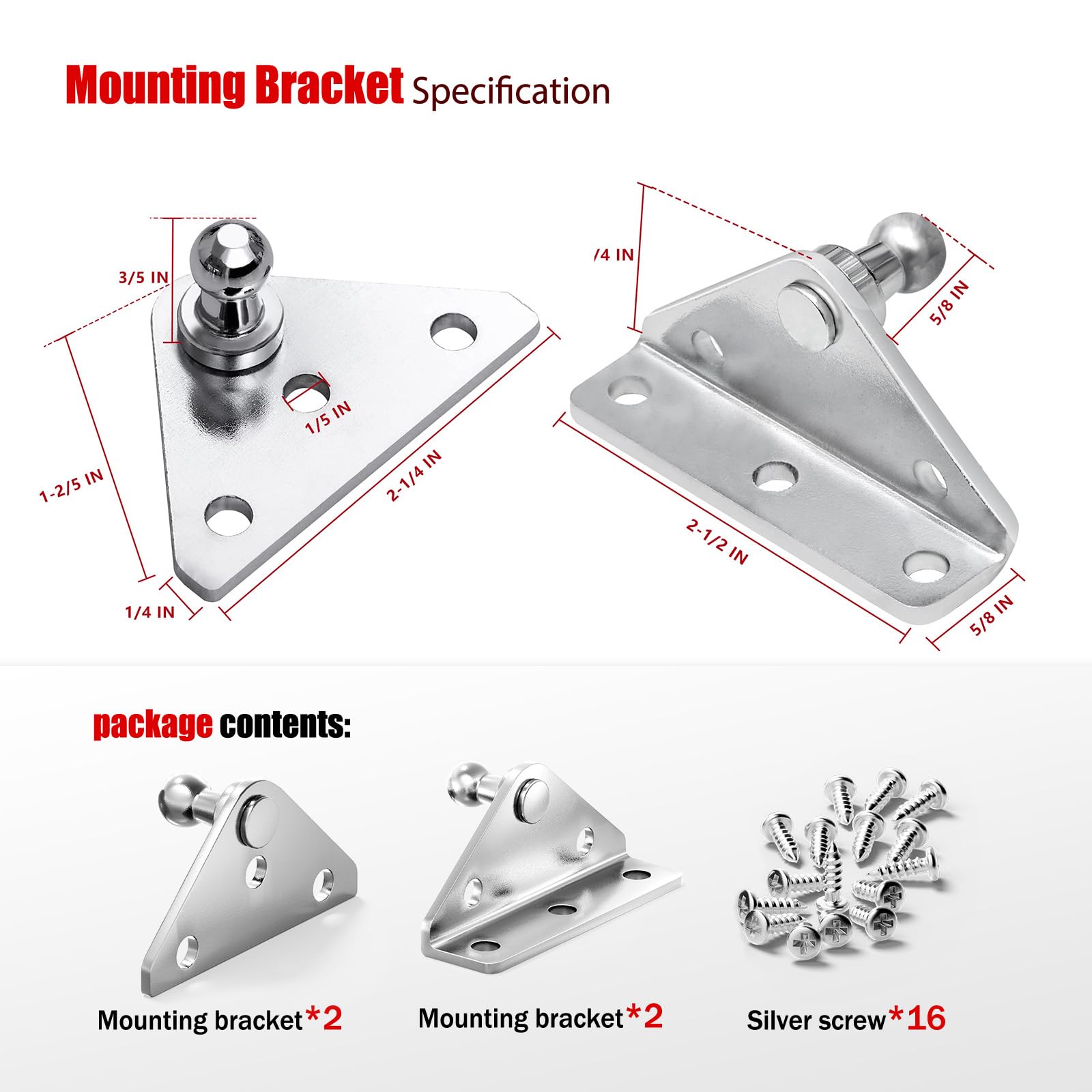 Vepagoo 10Mm Ball Stud Mounting Bracket For Gas Shock Spring Strut Prop Lift Support With 2Pcs L-Type, 2Pcs Flat-Type And 16Pcs