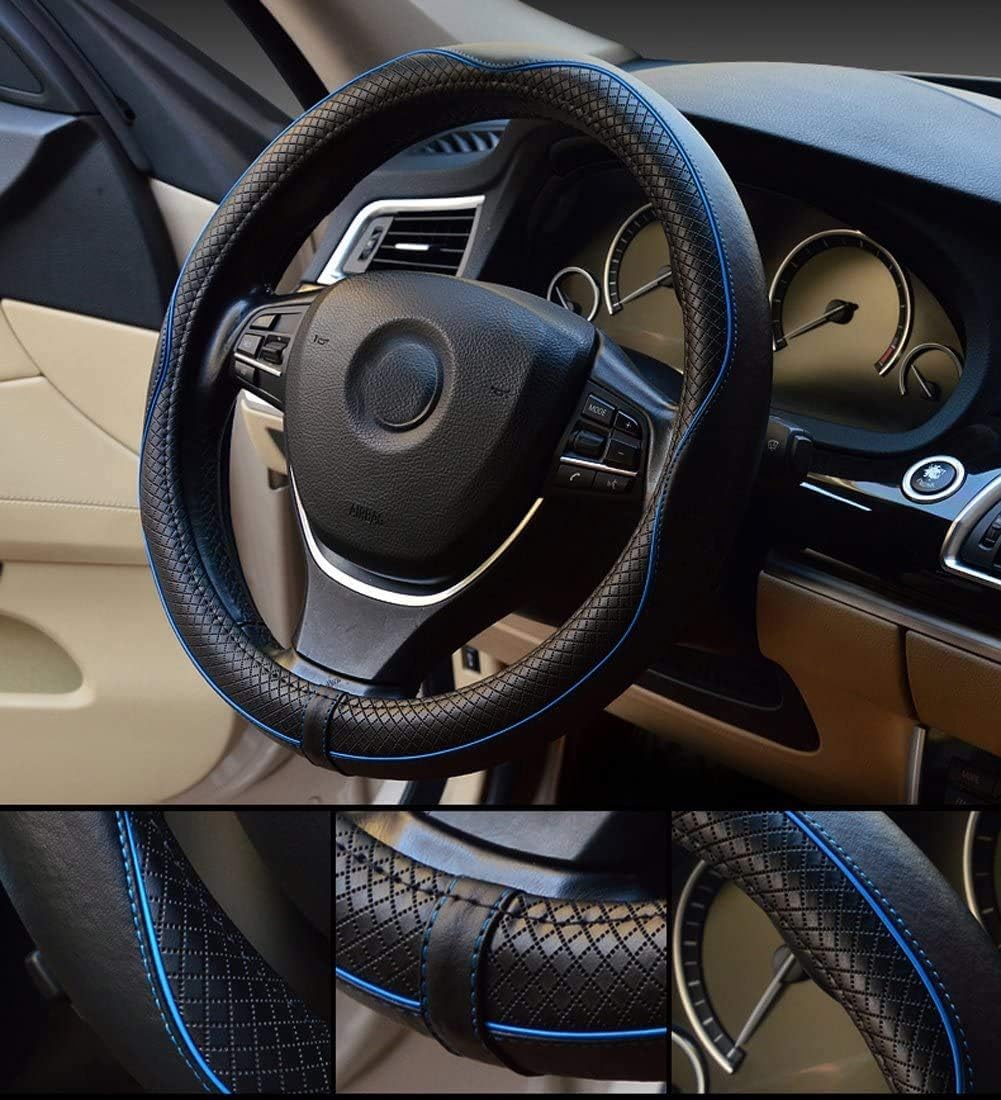 Valleycomfy Steering Wheel Covers Universal 15.75 Inch - Genuine Leather, Breathable, Anti Slip & Odor Free (Black With Blue Lin