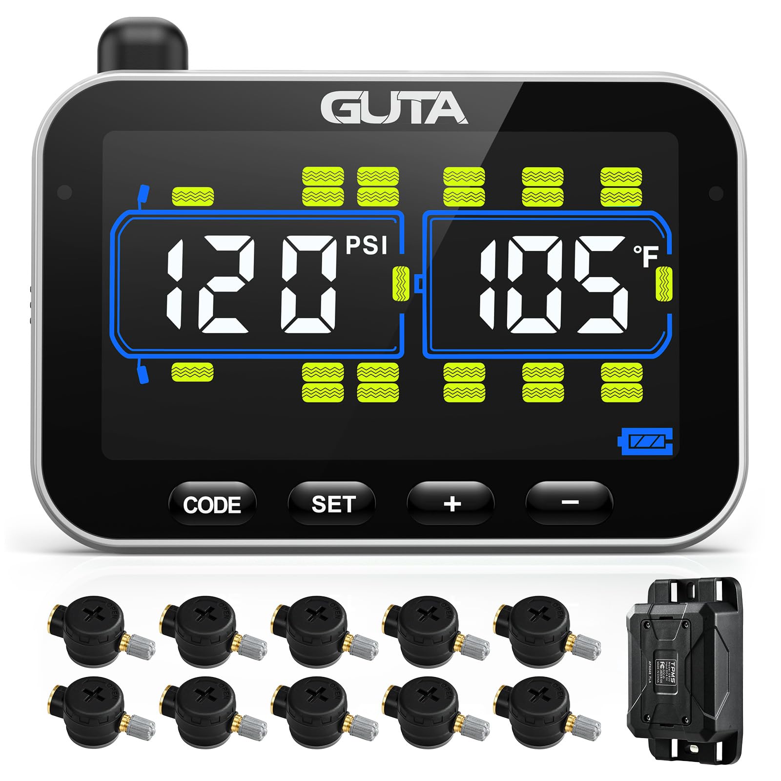 GUTA Tire Pressure Monitoring System, RV Trailer TPMS with 10 Flow Thru Sensors & Color LCD Display, 6 Alert Modes, Signal Boost