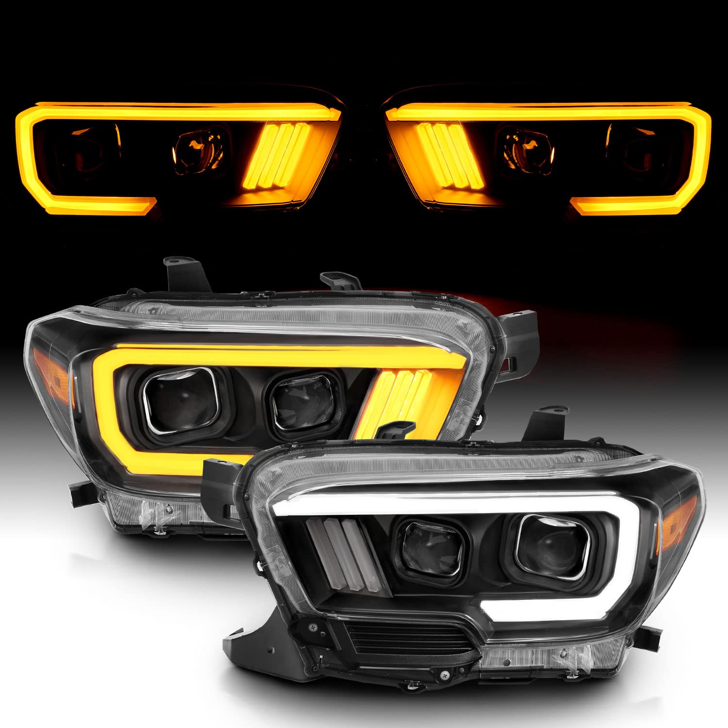 Amerilite For 2016-2022 Toyota Tacoma Trd W/Drl Switchback Led Tube Quad Projector Black Replacement Headlight Assembly Pair - Passenger And Driver Side