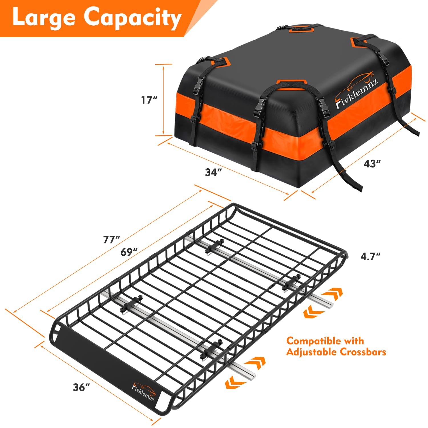 Roof Rack Cargo Carrier, Universal Roof Basket (77''X 36''X 5'') + 15 Cubic Feet Waterproof Rooftop Cargo Carrier Bag (46''X 34'