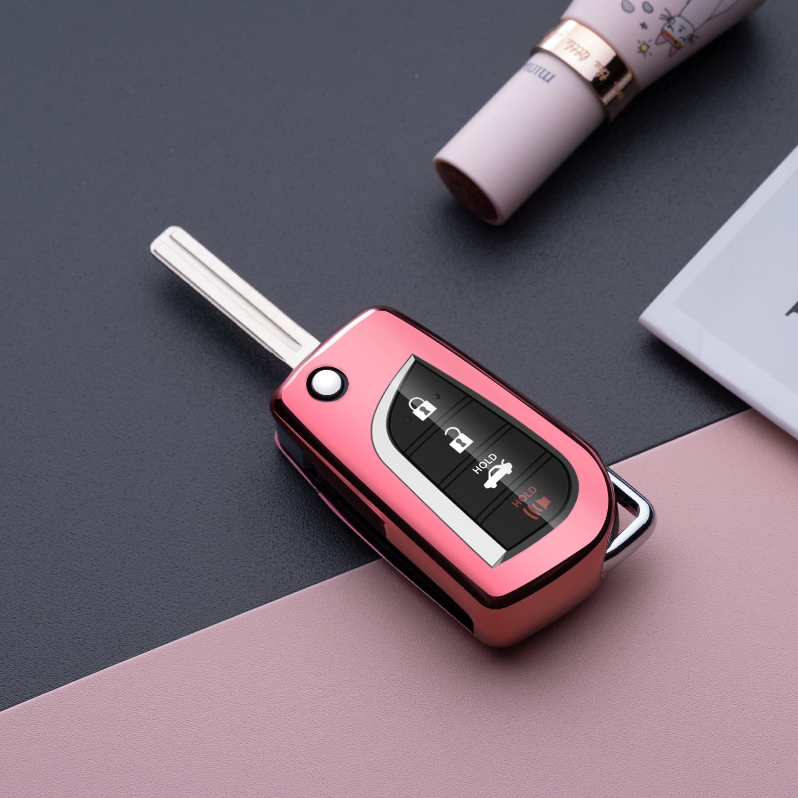 Zspdacc Compatible With Toyota Flip Key Fob Cover Pink Car Key Chain Case Holder Protector Fortuner Corolla Chr Camry Rav4 Accessories