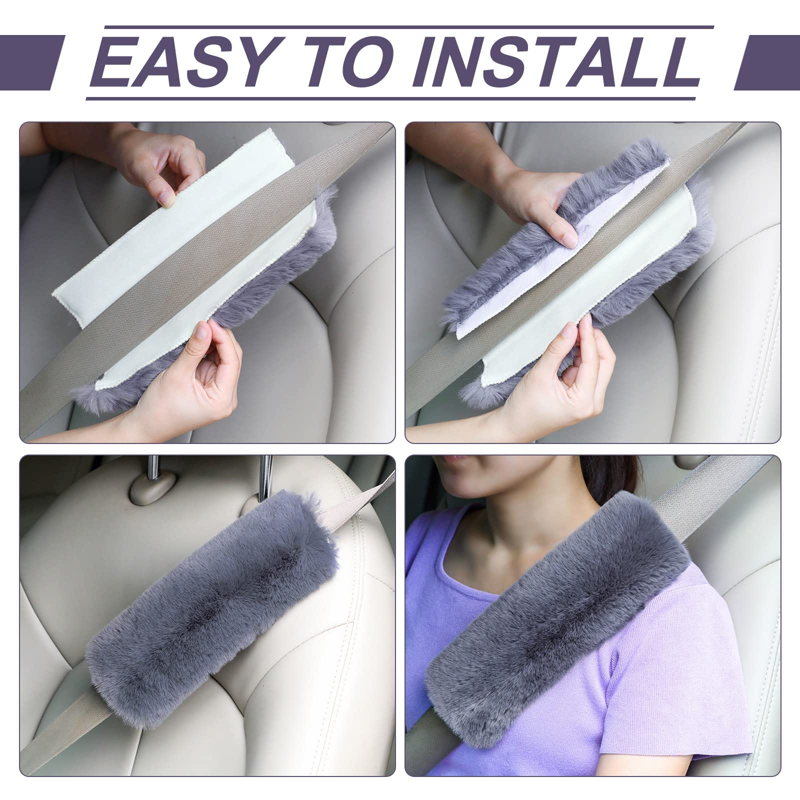 Boao 4 Pack Faux Sheepskin Car Seat Belt Pads Seatbelt Protector Soft Seat Belt Shoulder Strap Cover Comfort Harness Pad(Dark Gr