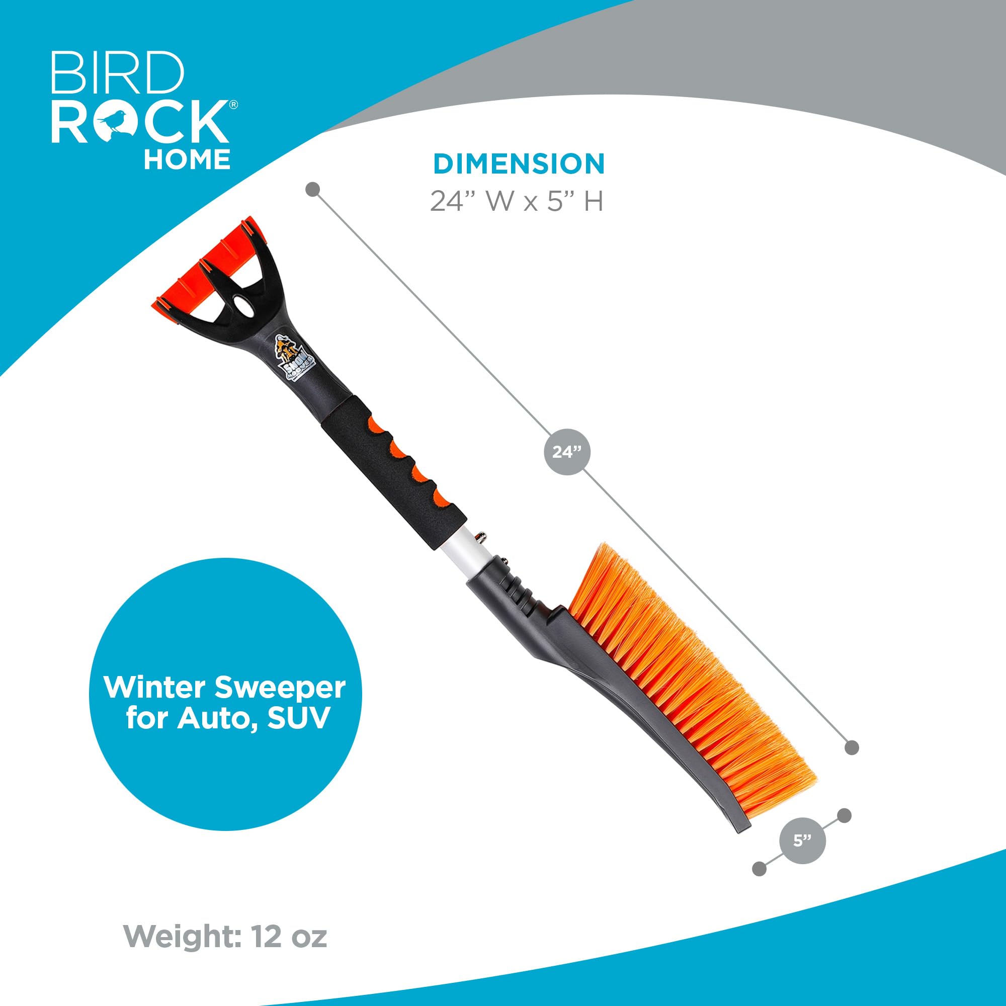 BIRDROCK HOME Snow Brush with Detachable Ice Scraper for Car - Flexible Snow Remover and Windshield Cleaning Tool with Wide Bris