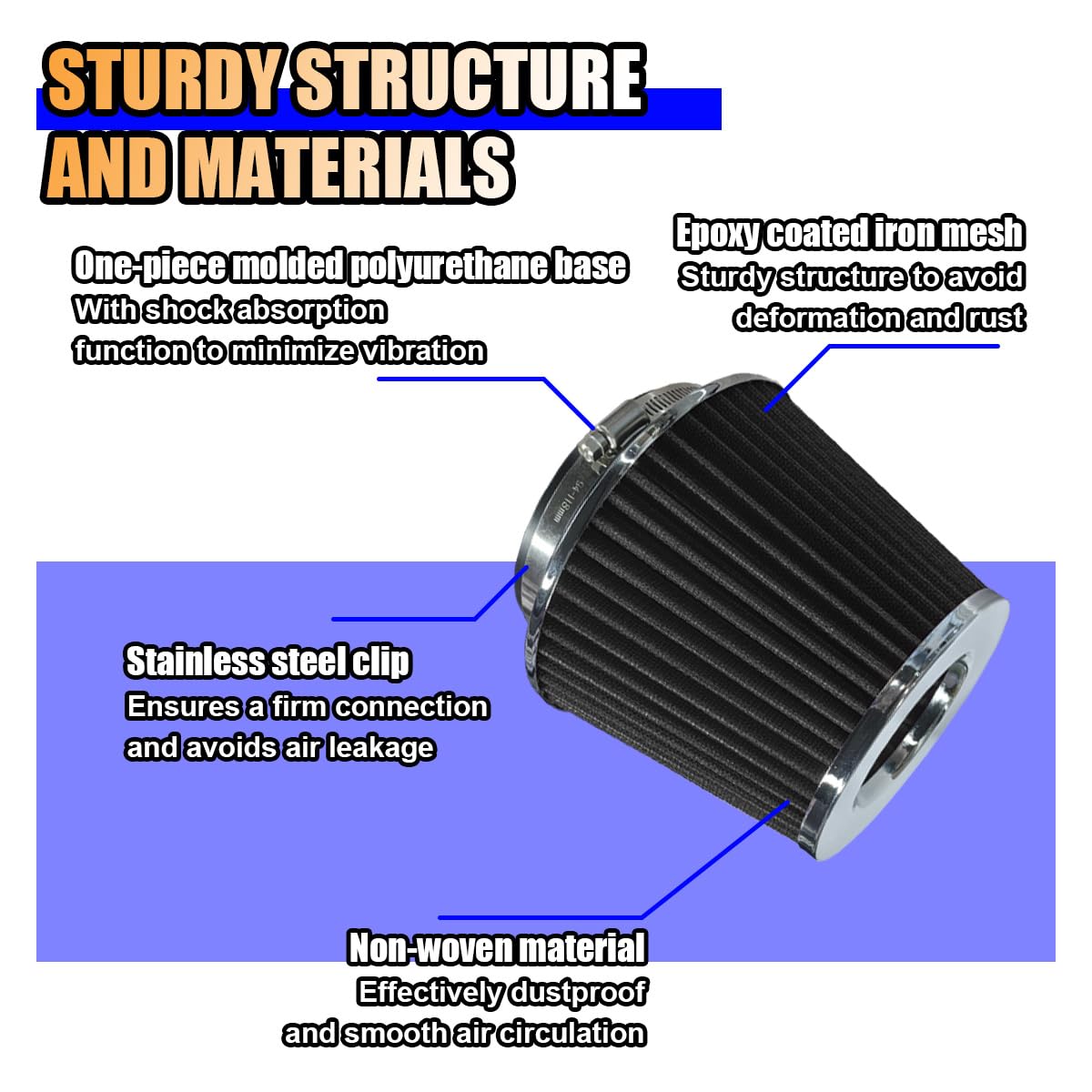 Universal Clamp-On Air Intake Filter, High Flow Closed-Top Cool Air Filter Cleaner, 76 89 102Mm Performance Round Tapered Cone A