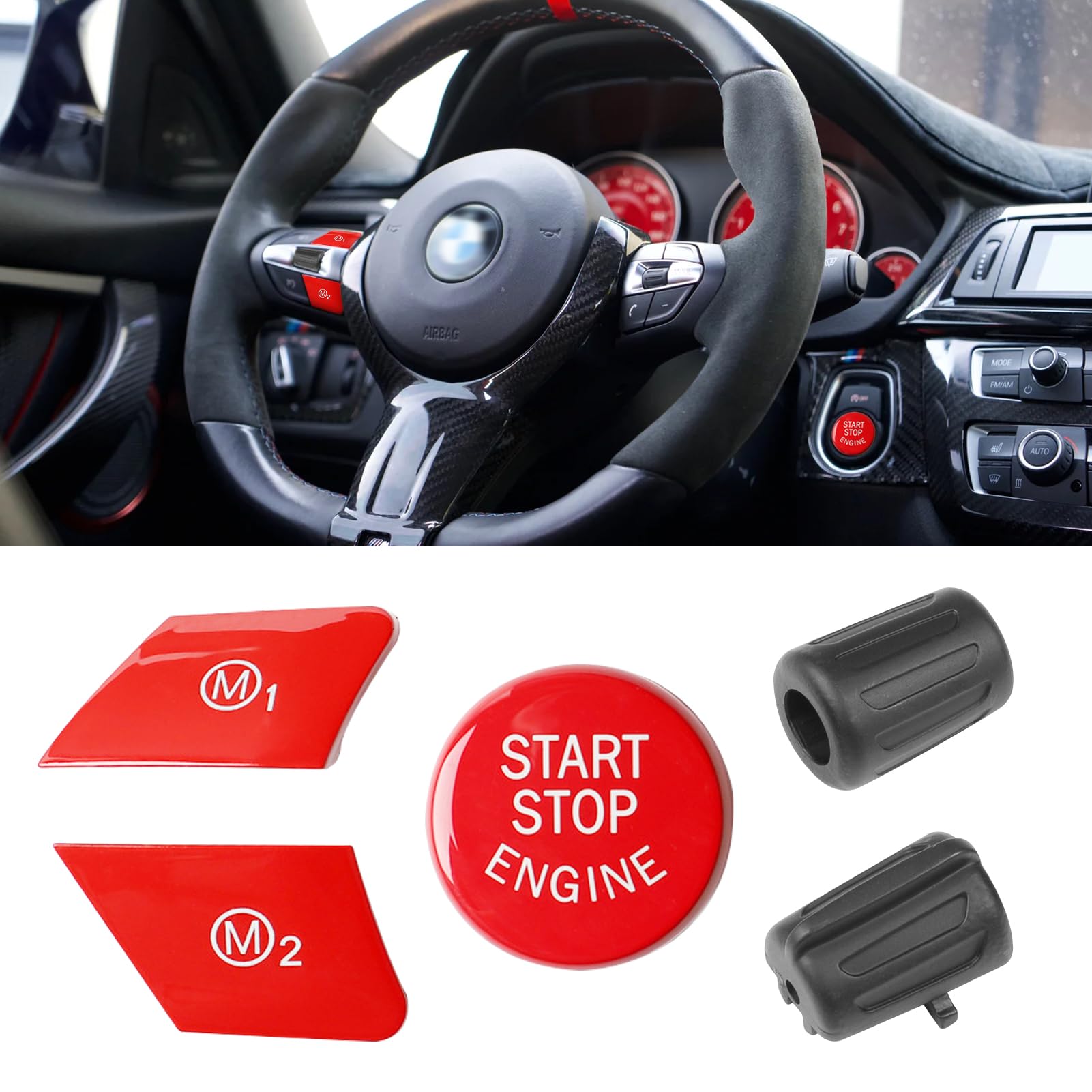 Jaronx Compatible With Bmw M1 M2 Buttons, Steering Wheel Sporty Red Start Stop Active Cruise Control Button For Bmw M3 F30 F80/M