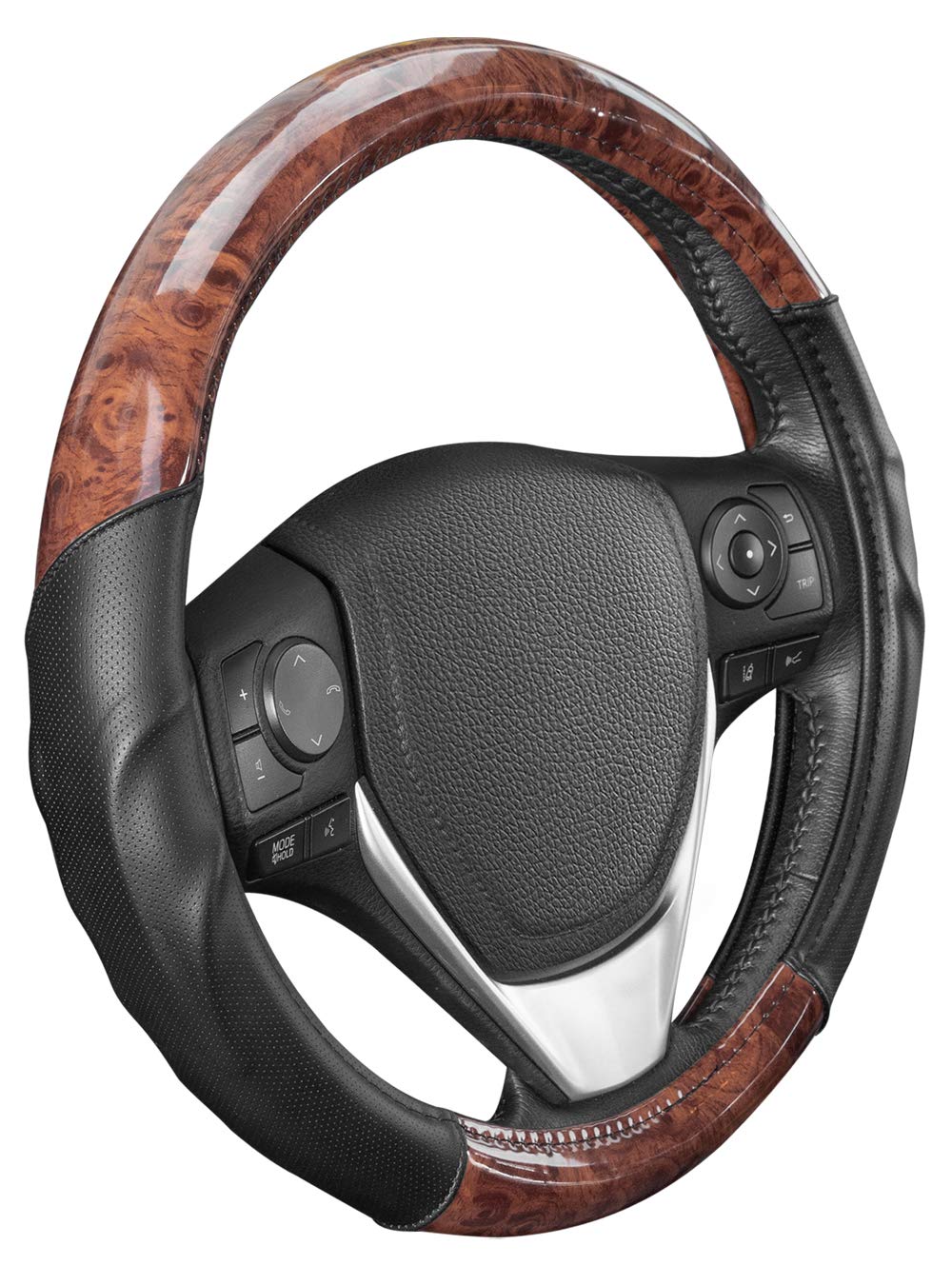 Bdk Dark Wood Grain Steering Wheel Cover With Black Faux Leather Comfort Grip, Standard 15 Inch Size, Car Steering Wheel Cover F