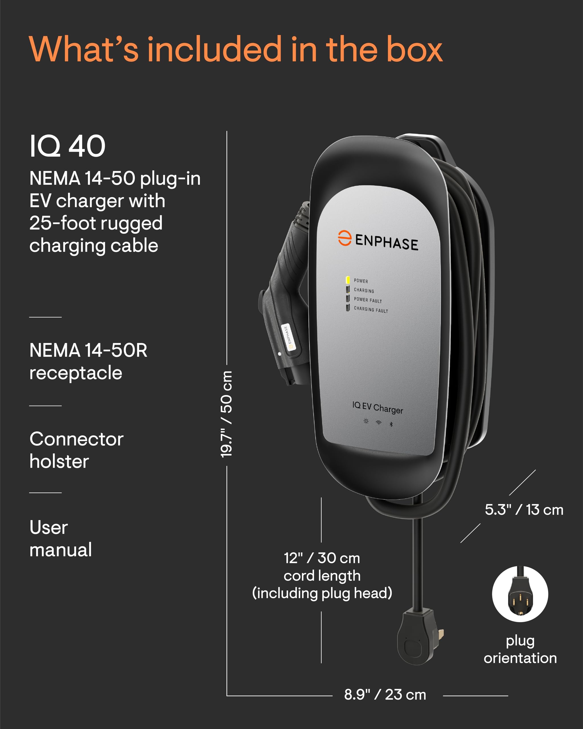 32 Amp Plug-in Smart EV Charger - Enphase IQ 40 with NEMA 14-50 Plug, 7.7kW Power, 240V, 5-Year Warranty, Wi-Fi Connected, Safet
