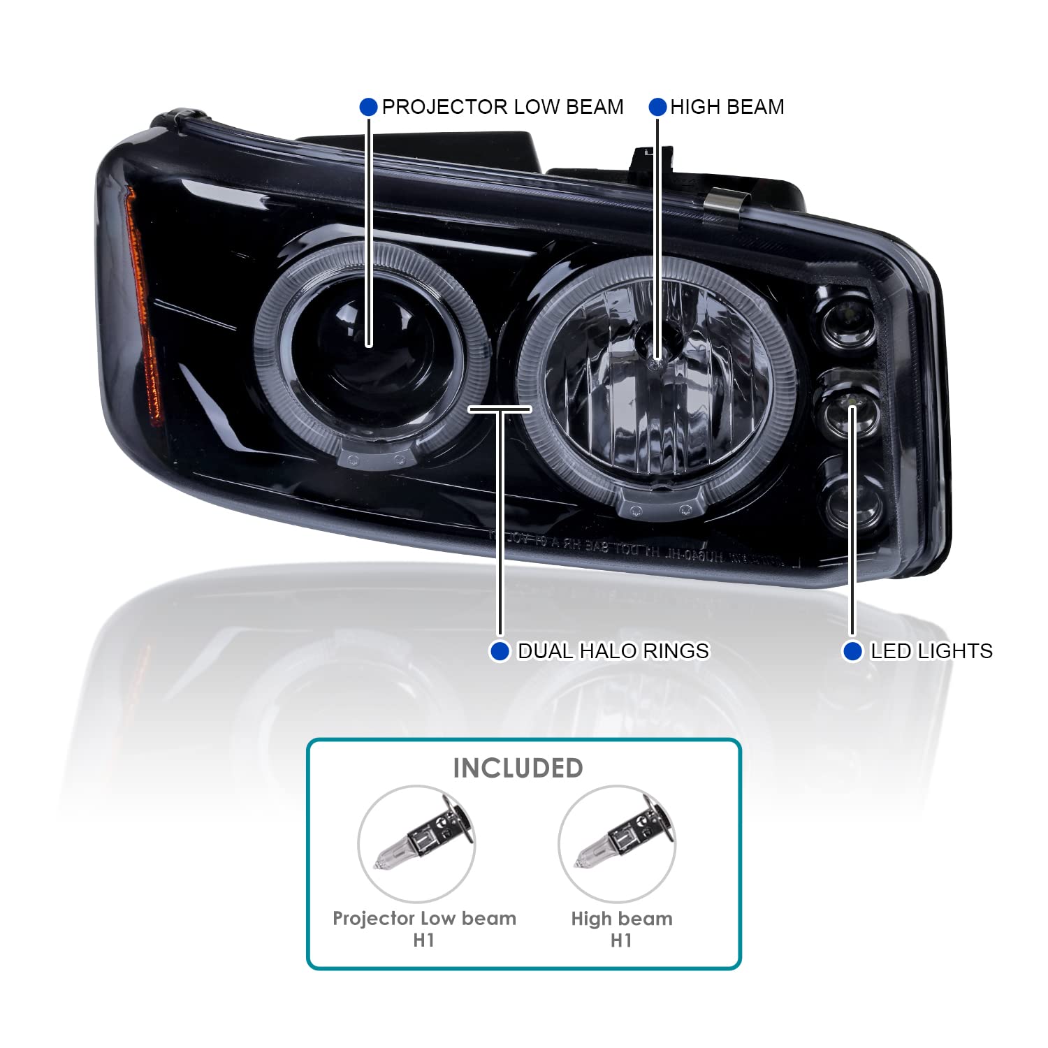 Spec-D Tuning Glossy Black Housing Light Smoke Lens Led Halo Projector Headlights + Bumper Lights Compatible With 2001-2006 Gmc Yukon Denali Models Left + Right Pair Headlamps Assembly