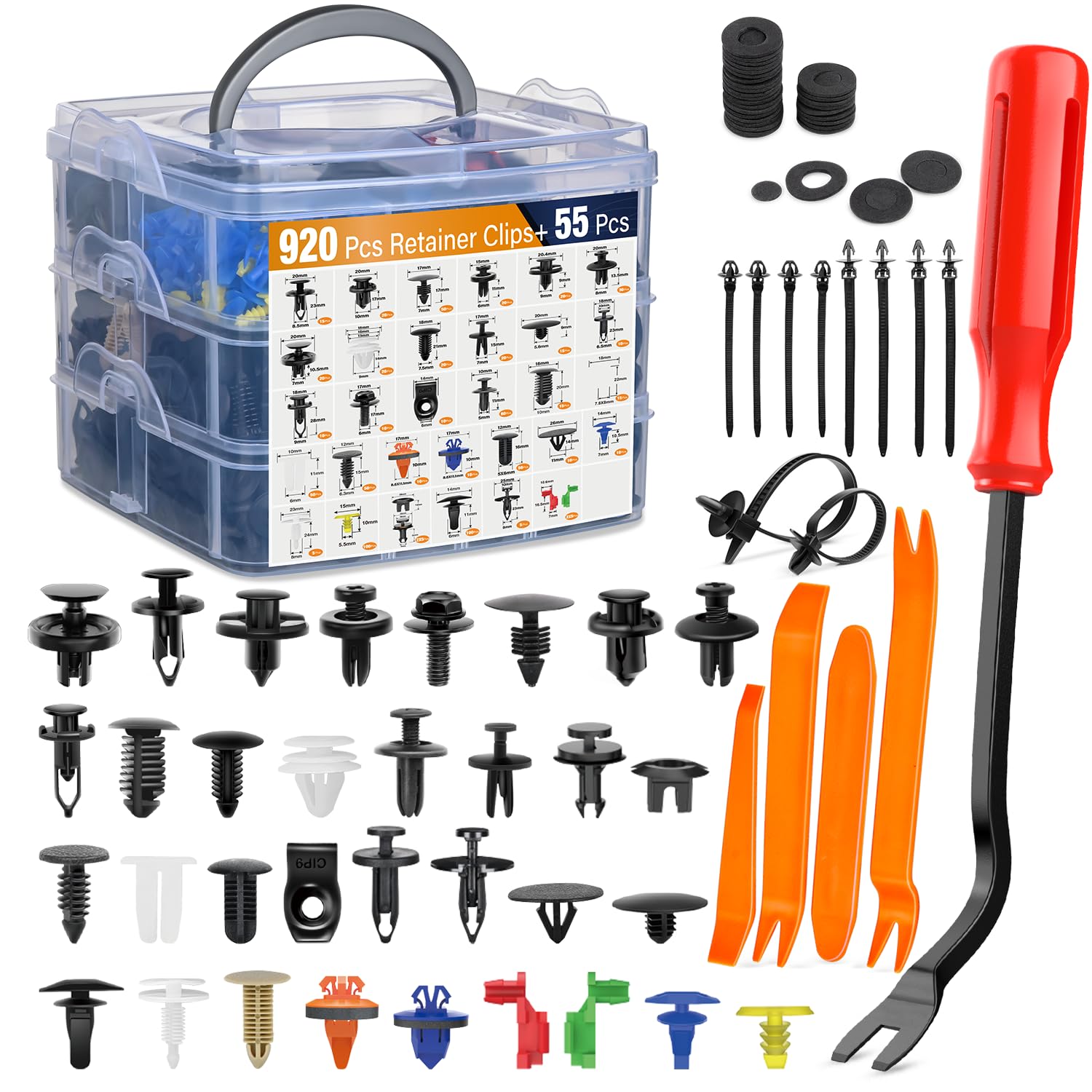 Gooacc 975Pcs Car Push Retainer Clips & Auto Fasteners Assortment 33 Most Popular Sizes Bumper Fender Rivets With Cable Ties Rem