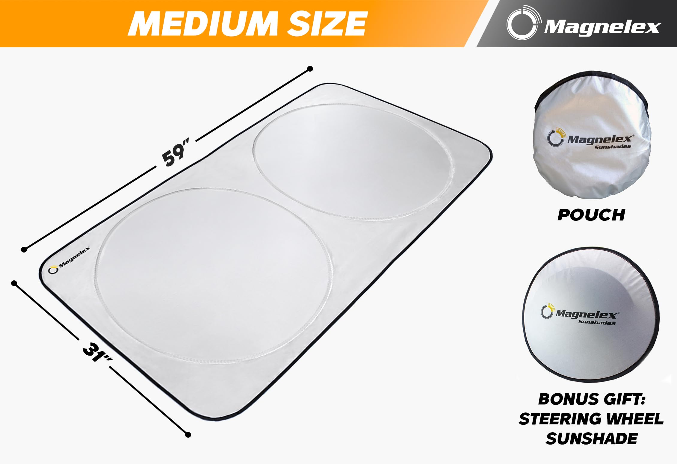 Magnelex Car Windshield Sunshade With Bonus Steering Wheel Sun Shade. Reflective Polyester Blocks Heat And Sun. Foldable Sun Shi