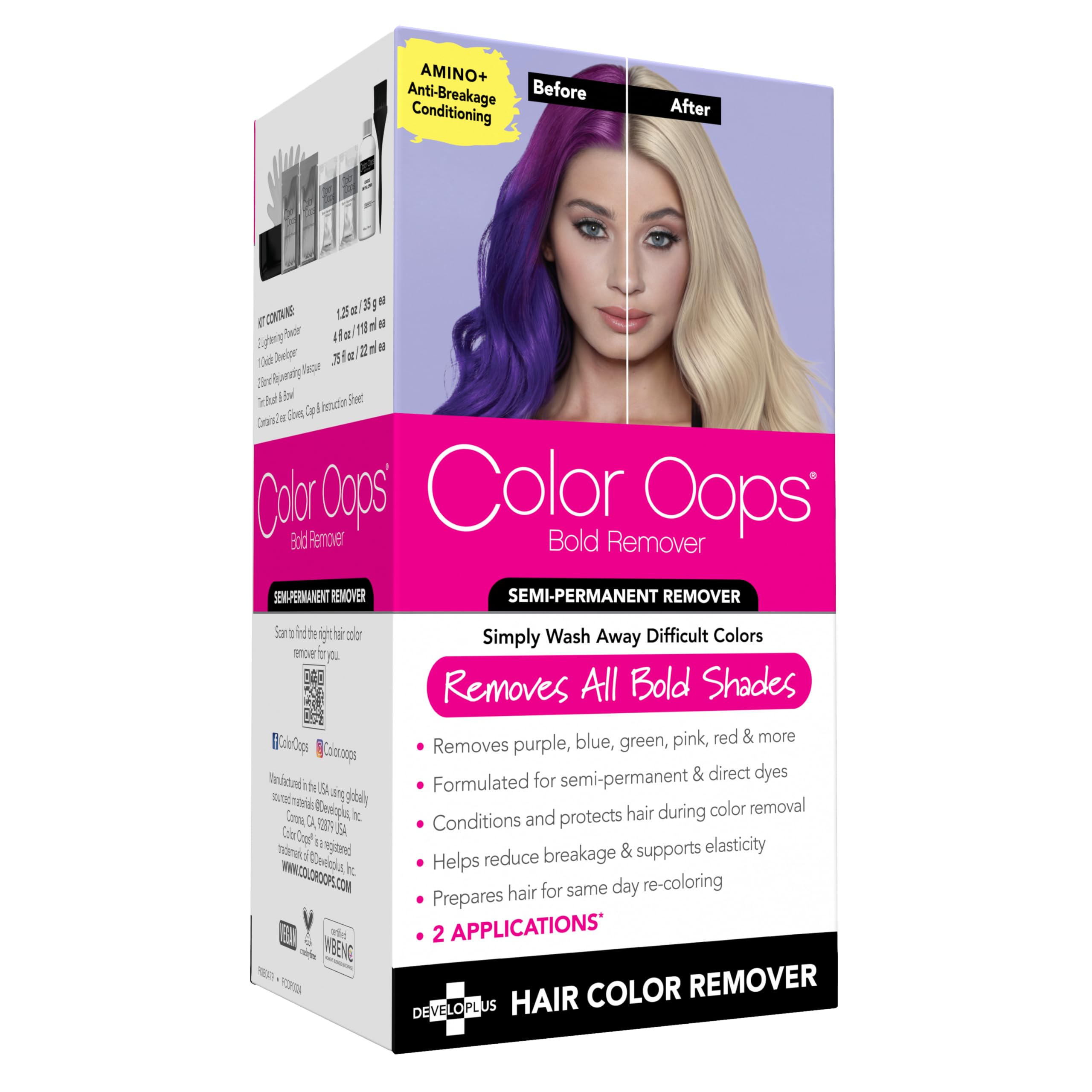 Color Oops Bold Remover  2 Applications  Hair Dye Remover Safely Removes Direct Dyes and Semi-Permanent Hair Color  Recolor the Same Day  Vegan & Cruelty Free-New