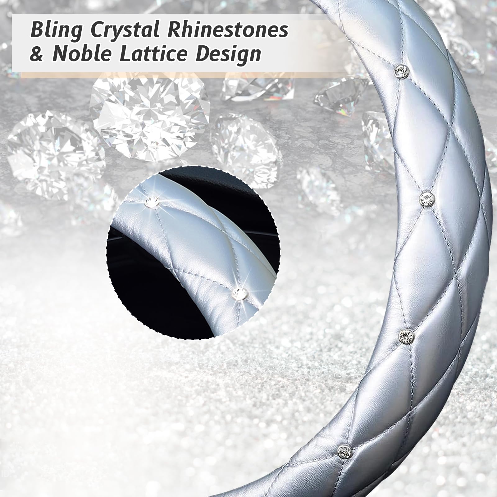 Kafeek Diamond Soft Leather Steering Wheel Cover With Bling Bling Crystal Rhinestones, Universal 15 Inch, Silver