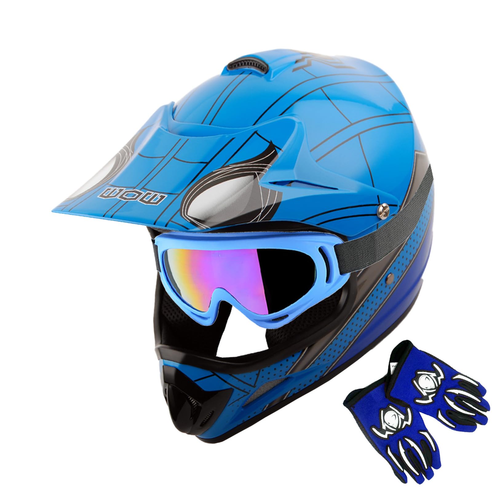 Wow Youth Kids Motocross Helmet Bmx Mx Atv Dirt Bike Helmet Spider Blue + Goggles + Mg Youth Blue Glove Bundle