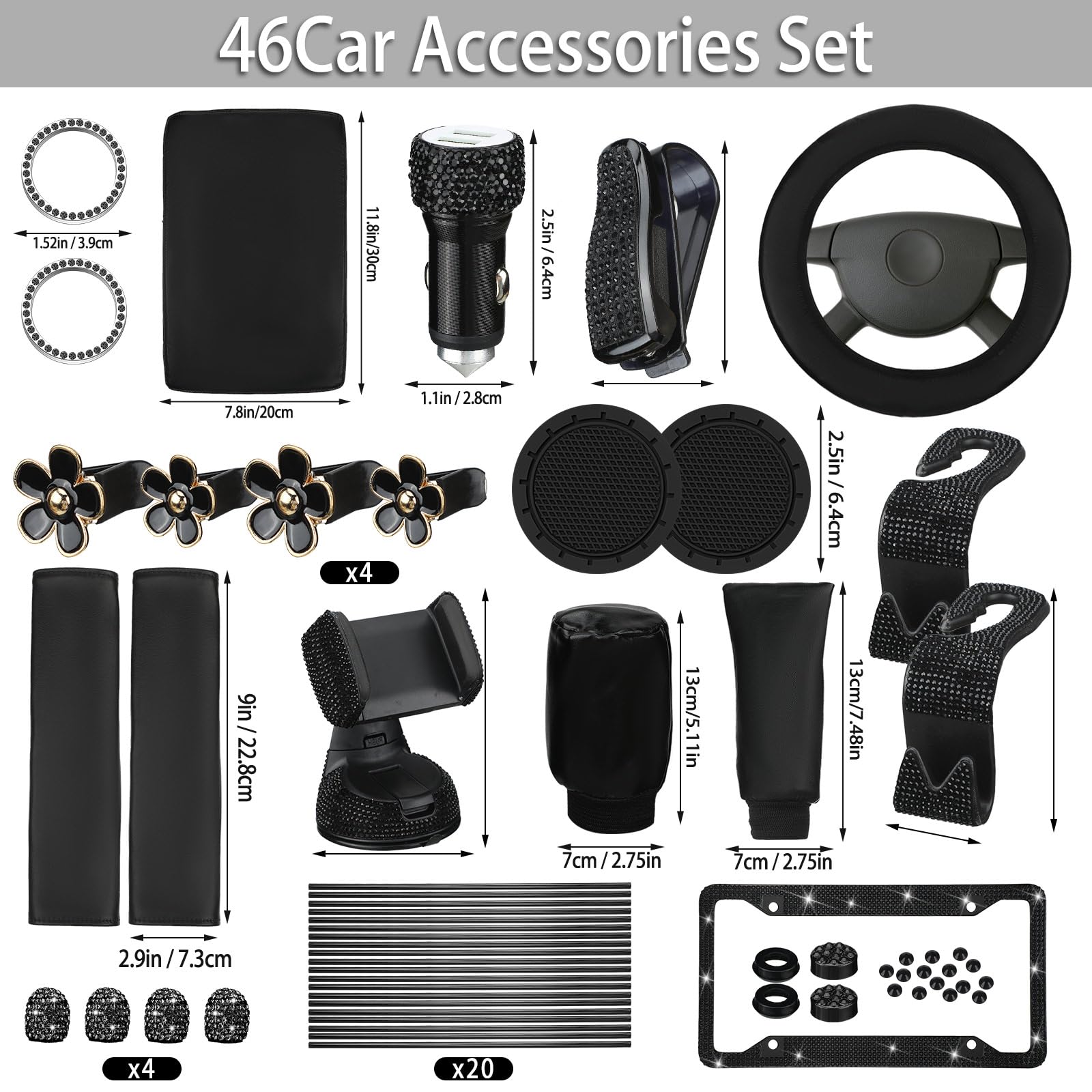 46 Pcs Bling Car Accessories Set for Women Leather Steering Wheel Cover Seat Belt Covers Diamond Rings Sticker Rhinestone Cup Ho