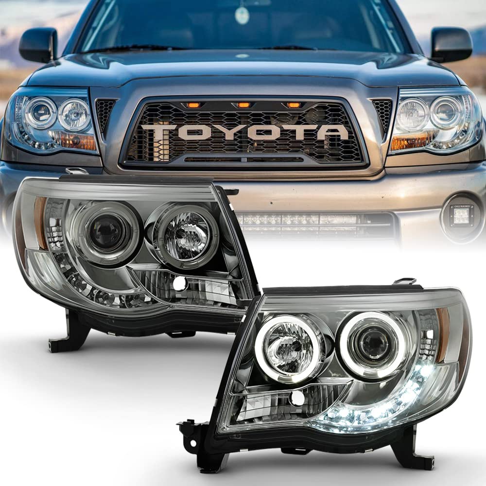 Acanii - For 2005-2011 Toyota Tacoma Led Drl Halo Ring Smoked Lens Projector Headlights Headlamps, Driver & Passenger