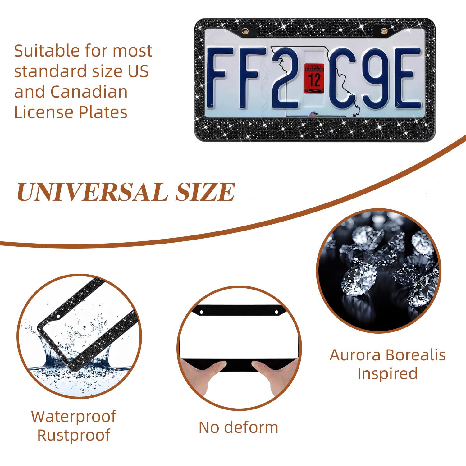 Ewbn Bling License Plate Frame For Women, 2 Pack Premium Stainless Steel Diamond License Plate Holder,Sparkly Car Accessories Rh
