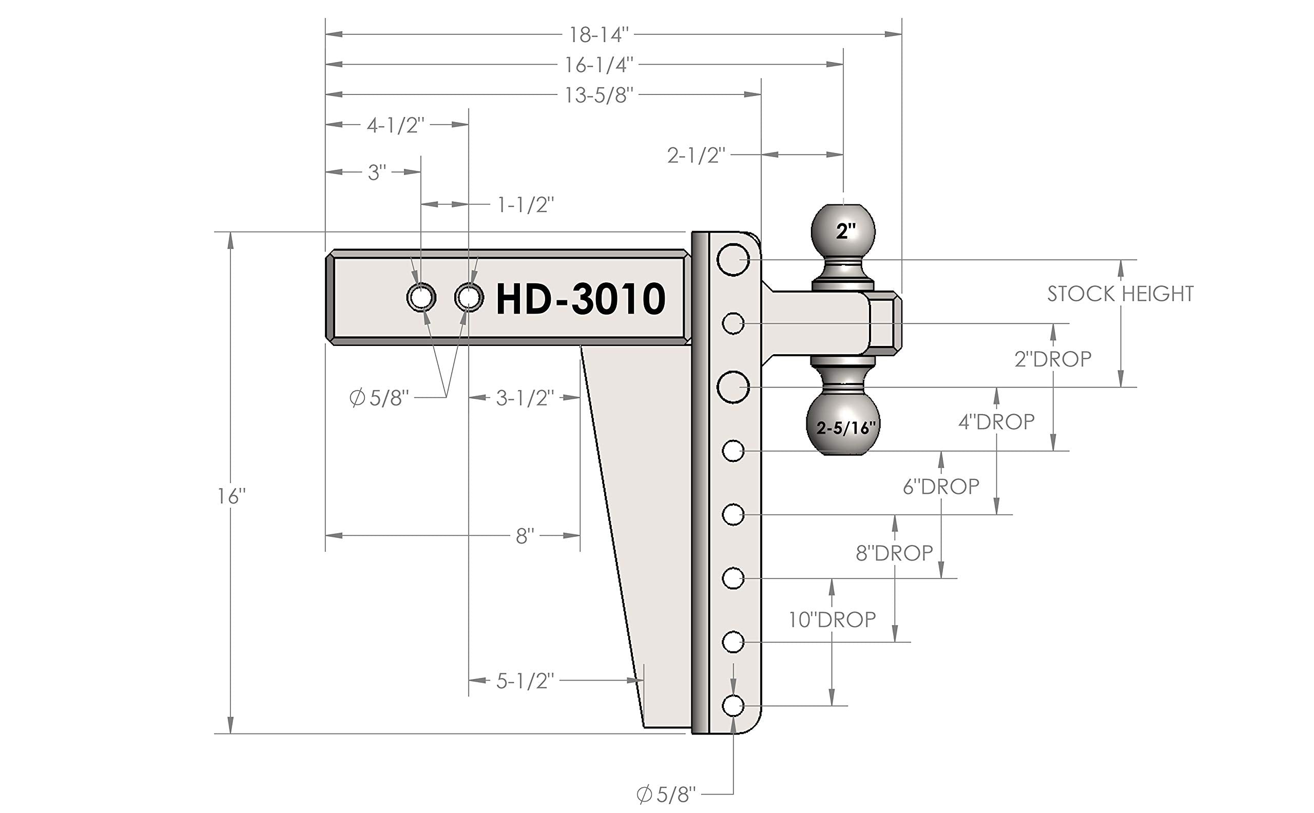 Bulletproof Hitches 3.0'' Adjustable Heavy Duty Trailer Hitch (22,000Lb Rating) - 10'' Drop/Rise Trailer Hitch With 2'' & 2-5/16