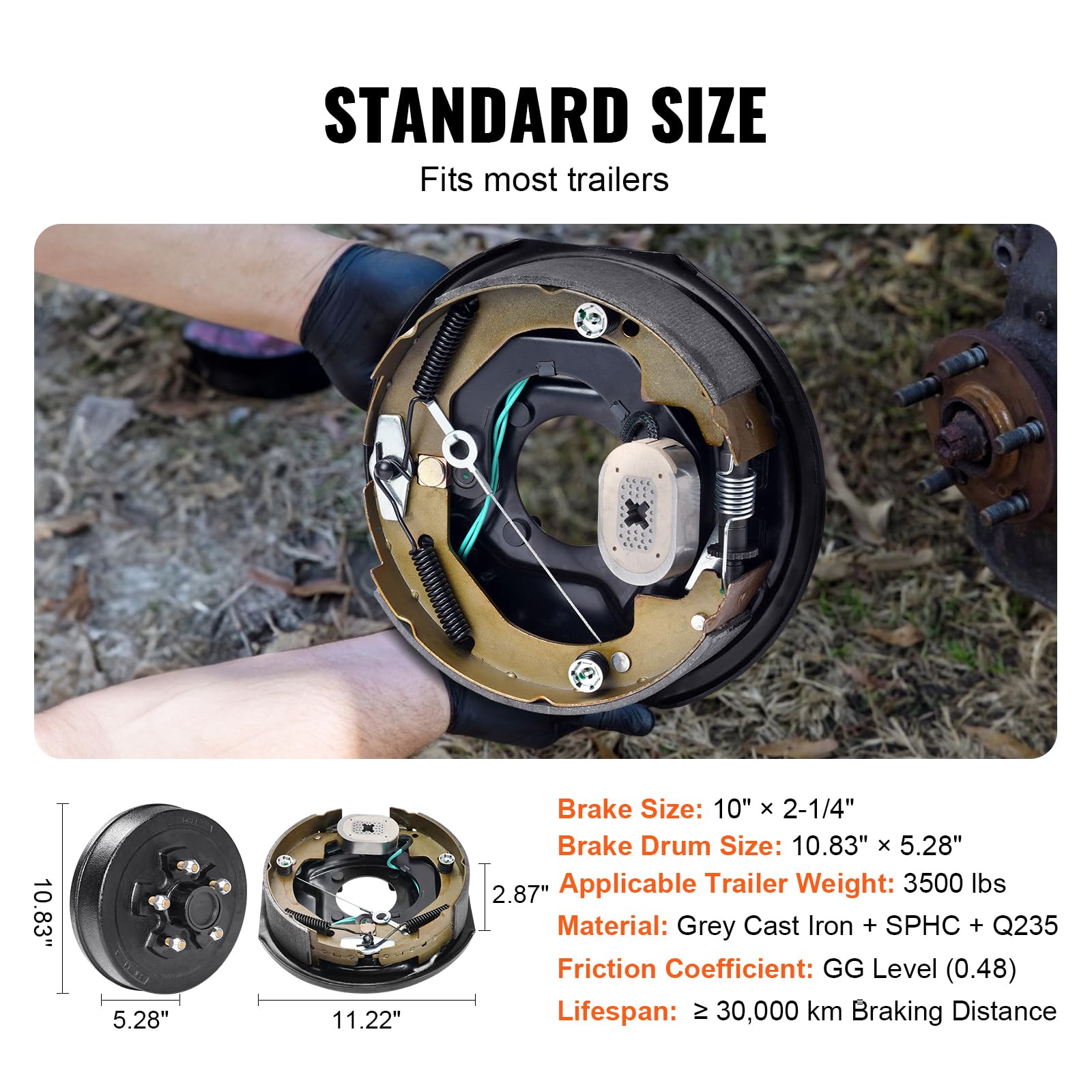 Vevor Trailer Hub Drum Kits 5 On 4.5' B.C. With 10' X 2-1/4' Electric Brakes, Self-Adjusting Trailer Brake Assembly For 3500 Lbs Axle, 4-Hole Mounting, Backing Plates For Brake System Part Replacement