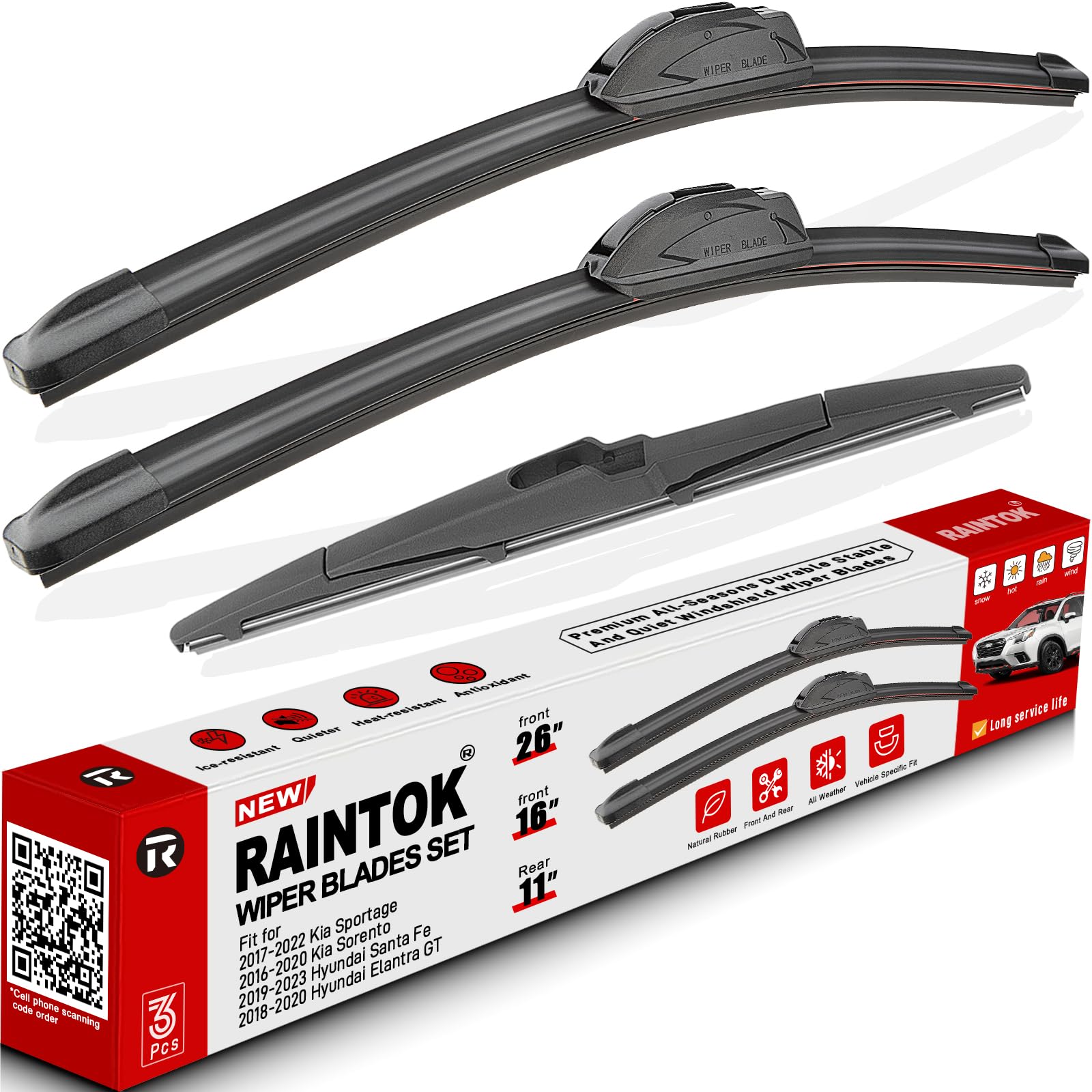 Raintok Windshield Wiper Blades Replacement For 2017-2022 Kia Sportage / 2019-2021 Hyundai Santa Fe / 2016-2020 Kia Sorento Orig