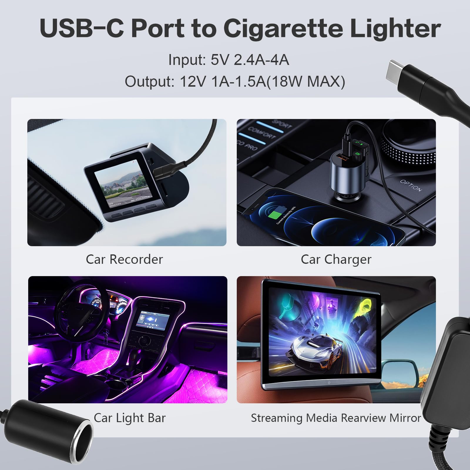 Wymect Usb C To 12V Adapter, Usb C To 12V Cigarette Lighter Adapter ,Type C Male To 12V Cigarette Lighter Socket,For Dash Cam Po