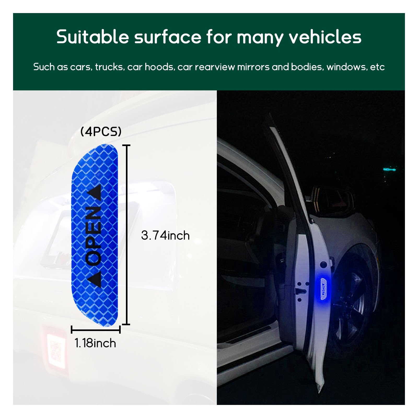 Dickno 4 Pcs Car Door Reflective Safety Stickers, Night Visibility Auto Safety Warning Logos Anti-Collision Protective Strip, Universal Exterior Decor Accessories For Most Cars (Blue)