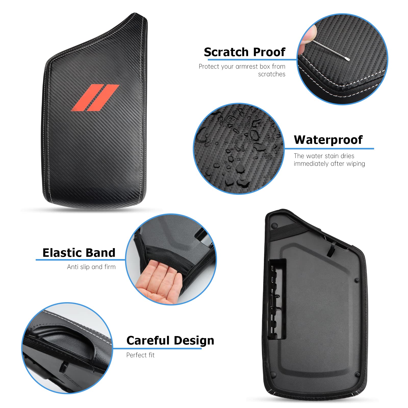 INTGET Car Center Console Armrest Cover, PU Leather, Black Carbon Fiber Texture, Fits 2015-2023 Dodge Challenger, Interior Lid Protector