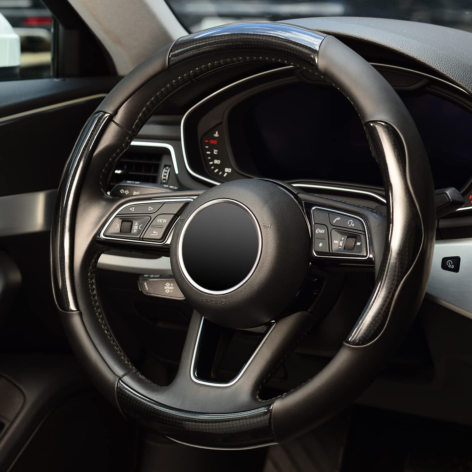 Zhol Steering Wheel Cover Universal 15 Inch Microfiber Leather Carbon Fiber Steering Wheel Covers, Anti-Slip Car Interior Accessories For Men And Women, Black