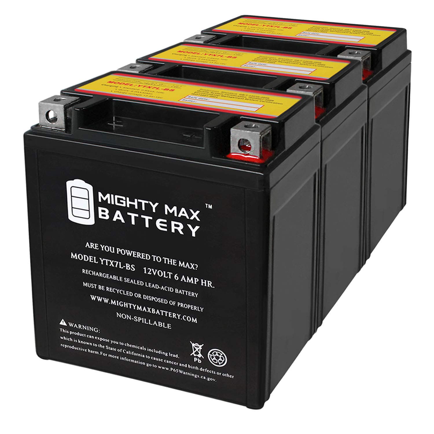 Mighty Max Battery Ytx7L-Bs 12V 6Ah Sealed Agm Battery For Motorcycles - 3 Pack