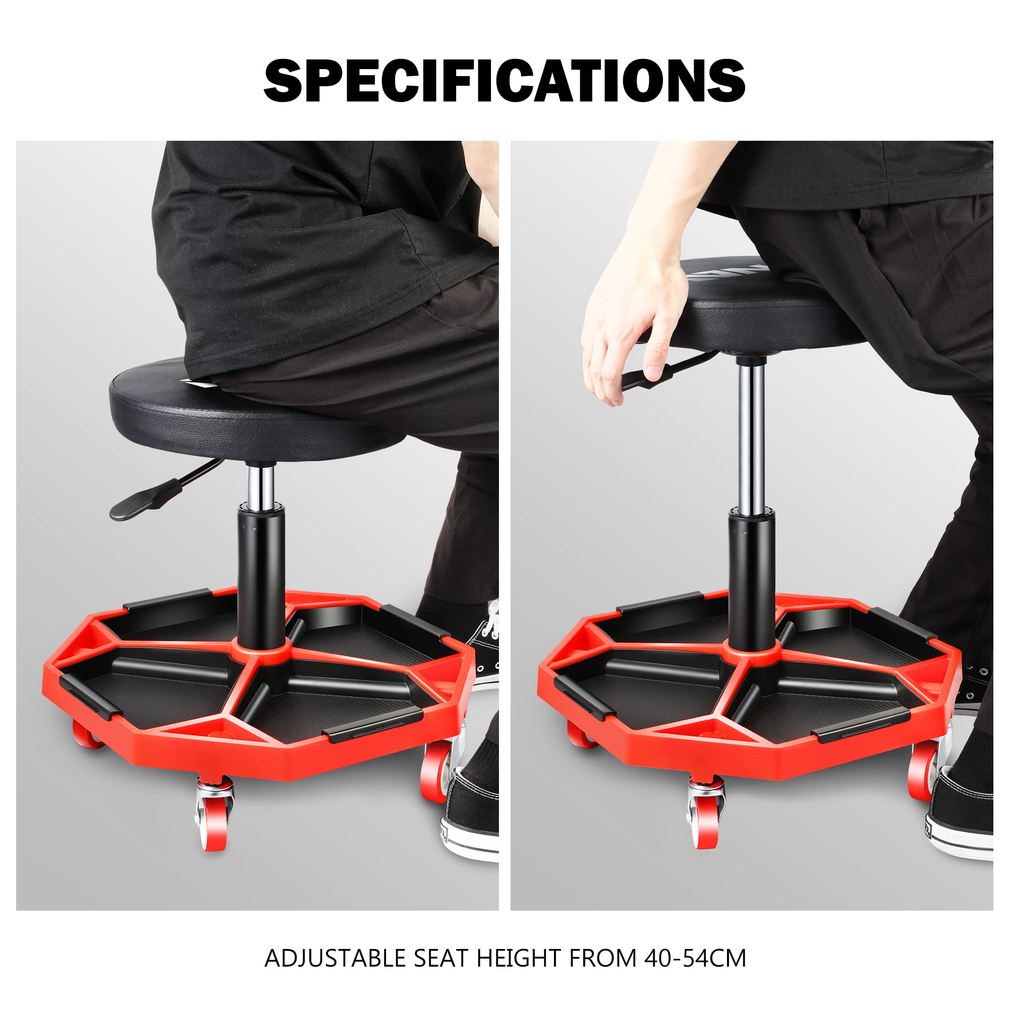 Dna Motoring Tools-00253 Adjustable Height Pneumatic Garage Seat Rolling Mechanic Stool With Tool Tray Storage,300Lbs Max Weight