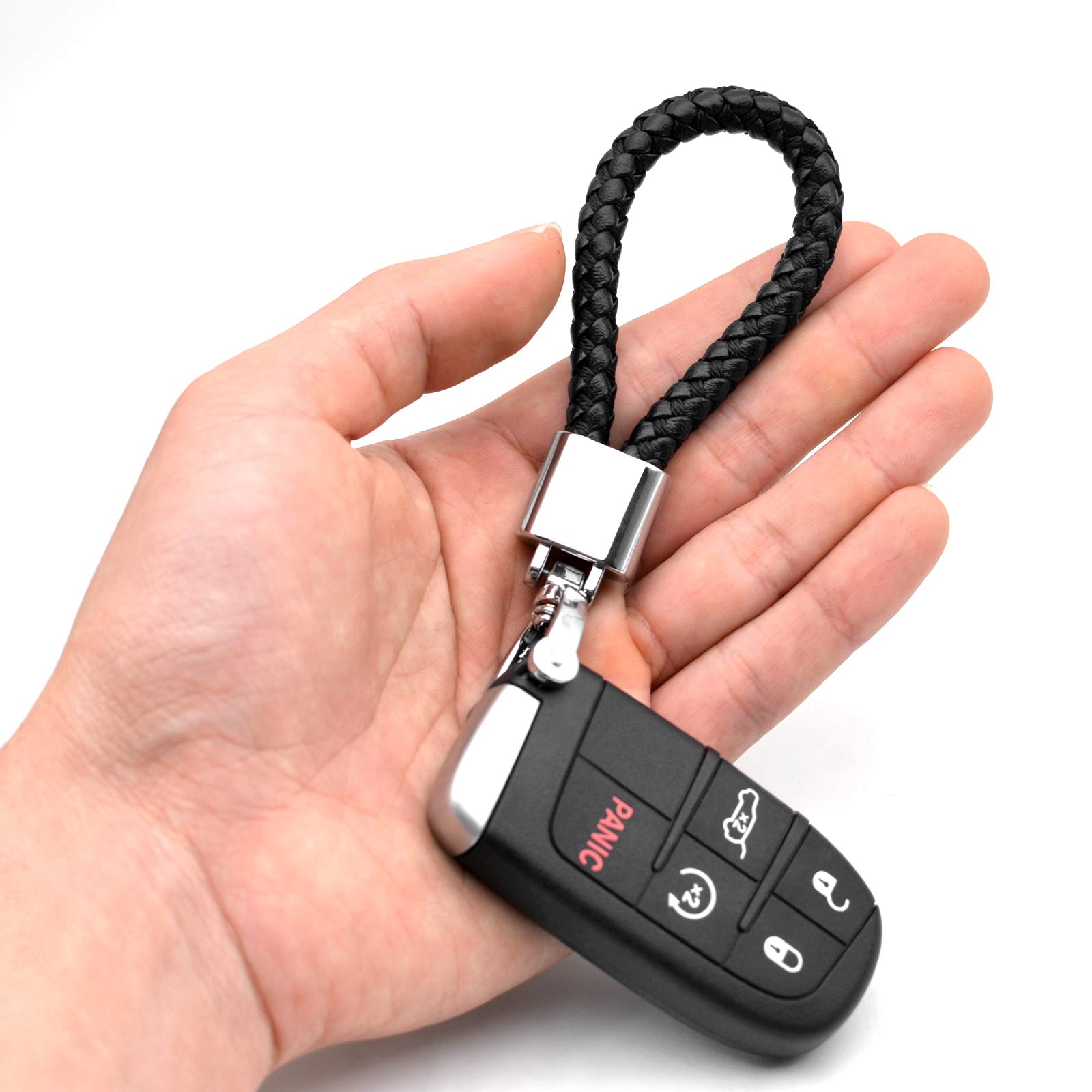 Feyoun Universal Black Leather Car Fob Keychain Metal Keyring Woven Strap Braided Rope Key Chain For Men And Women - Silver Colo