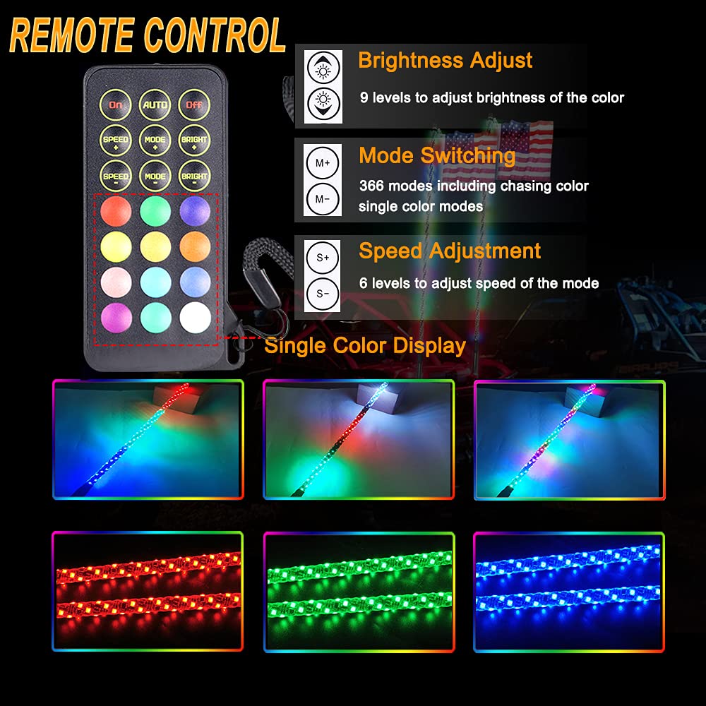 Beatto 5Ft(1.5M) Rf Remote Control Rgb Led Whips Light With Dacning/Chasing Light Led Antenna Light For Off- Road Vehicle Atv Ut