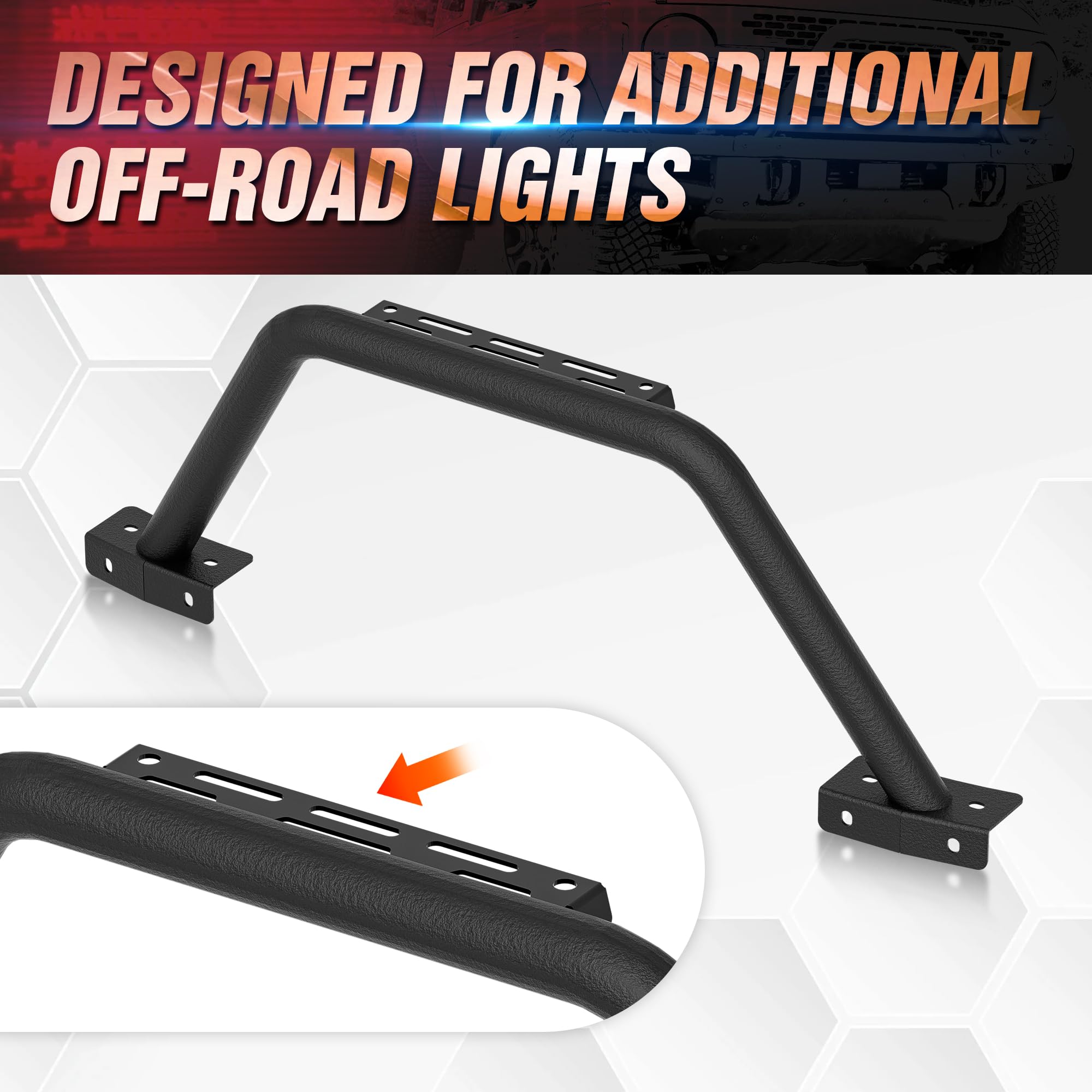 Eyouhz Bull Bar Grille Brush Guard With Light Mount Compatible With 2021 2022 2023 2024 Ford Bronco 2/4 Door (For Modular Steel Front Bumper Only) Rock Off-Road Front Bumper Rack Push Bar-Black