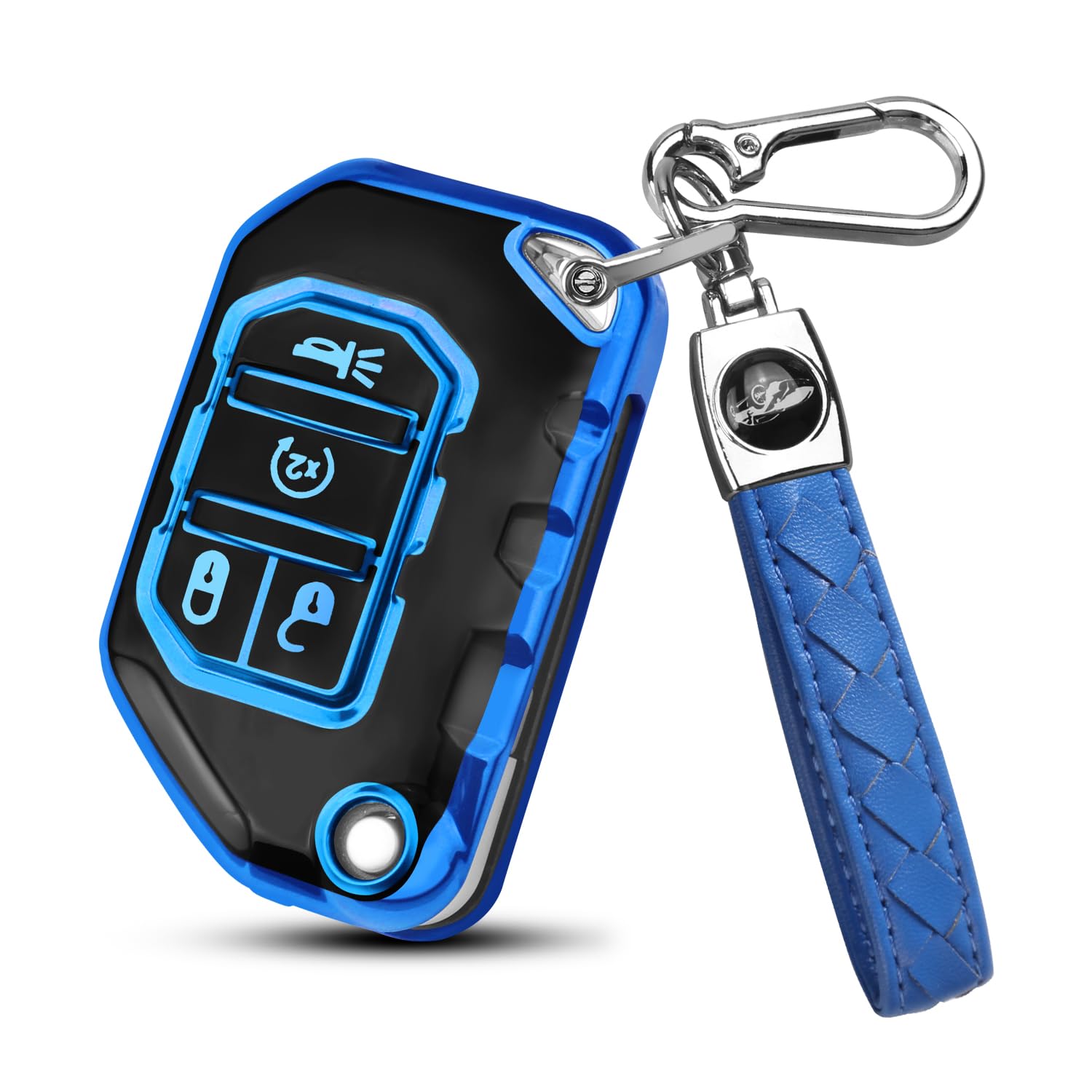 QBUC for Jeep Key Fob Cover with Keychain Compatible with Jeep Wrangler JLU JL Gladiator Rubicon JT Car Flip Key (blue)