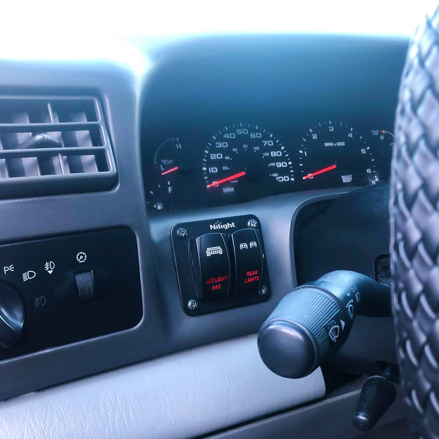 Nilight 2 Gang Rocker Switch Panel LED Light Bar Switch Rear Lights Switch 12 24V DC Red Switches 5Pin ON Off Pre Wired Toggle S