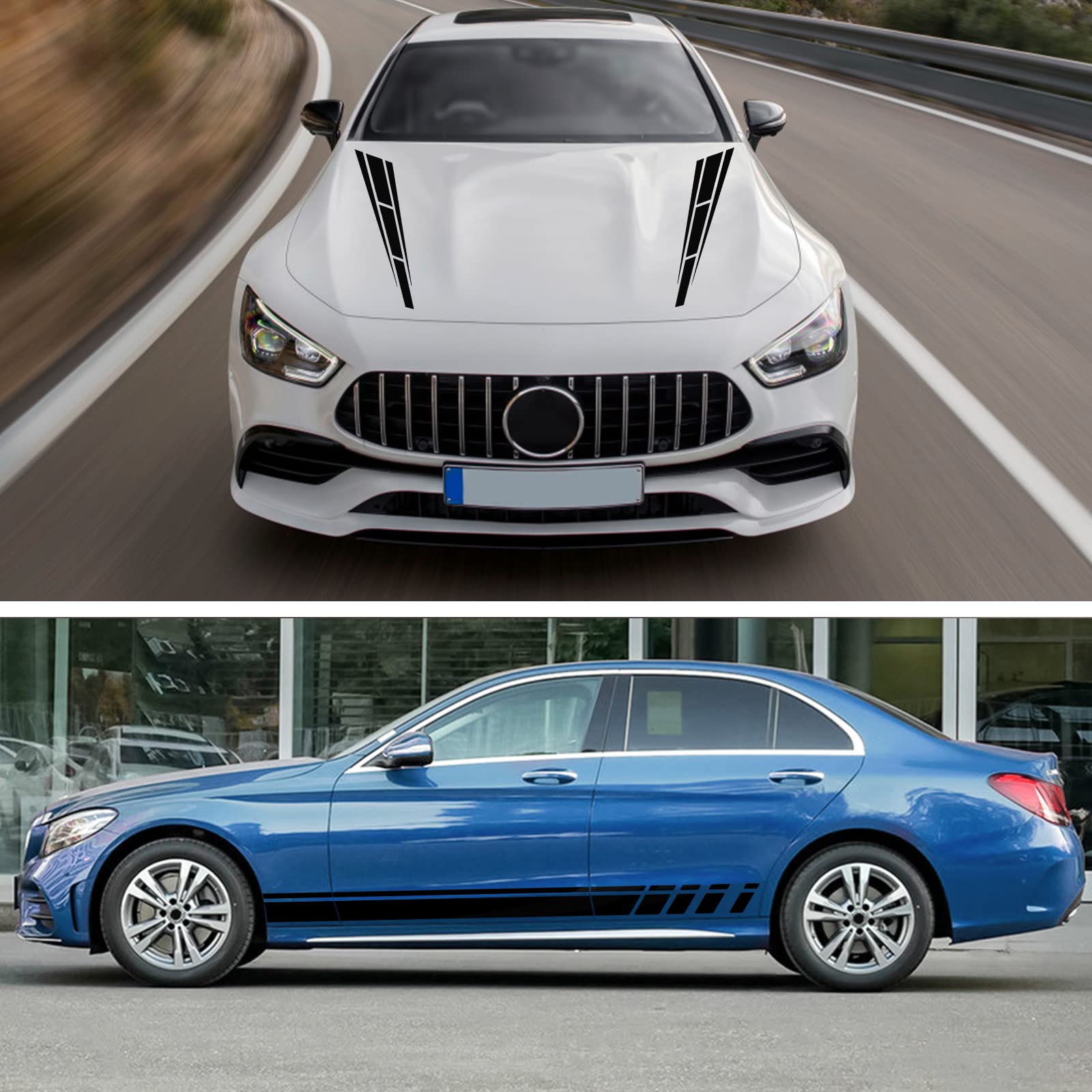 Bilisin Car Hood Stripe Vinyl Decals, 6Pcs Car Sport Racing Graphics Body Side And Rear View Mirror Accessories Decals Universal For All Cars Suv Trunk