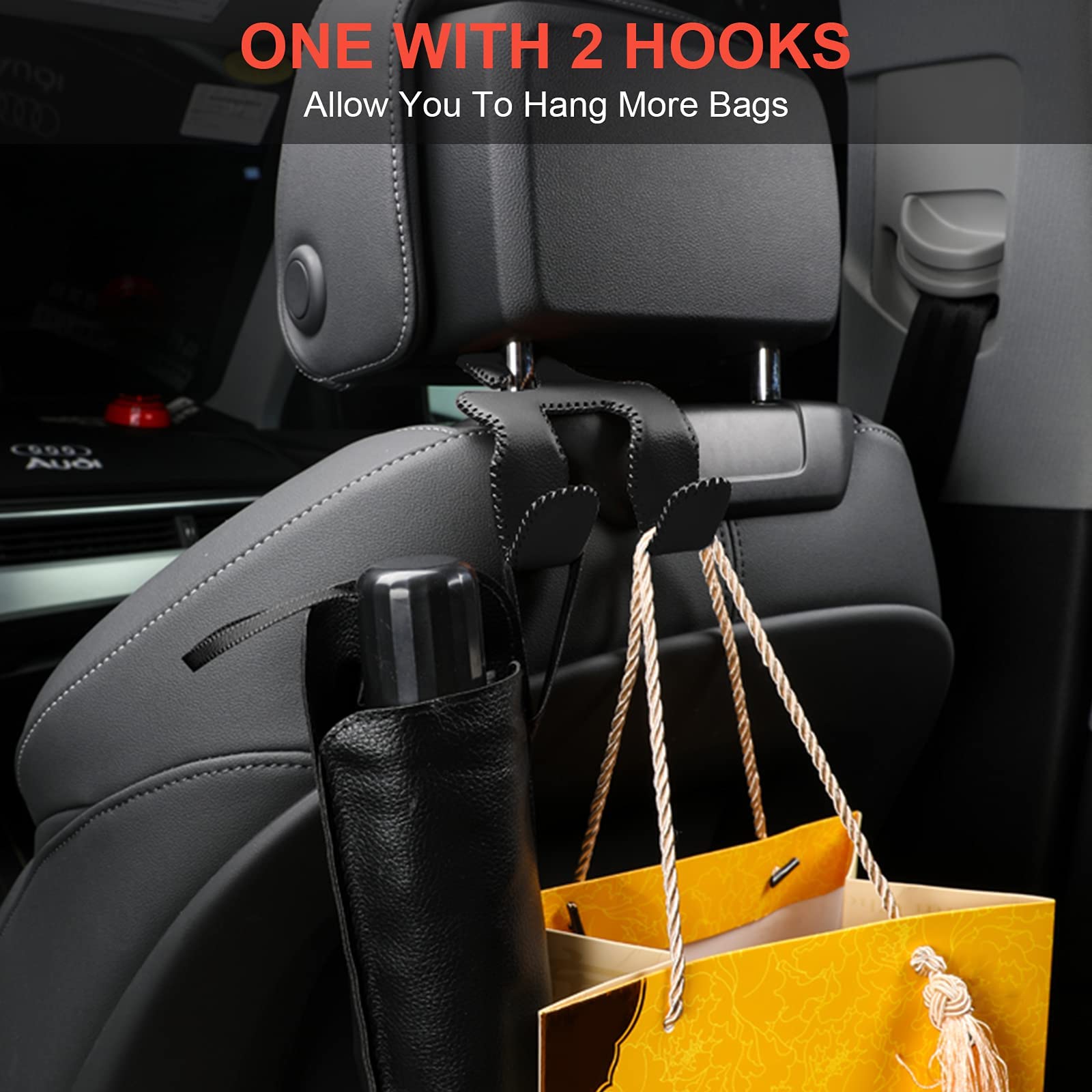 Amvoyoa Car Purse Hook, 2 In 1 Car Seat Headrest Hooks Durable Hanger Storage Holder Leather Organizer For Hanging Grocery Bags,