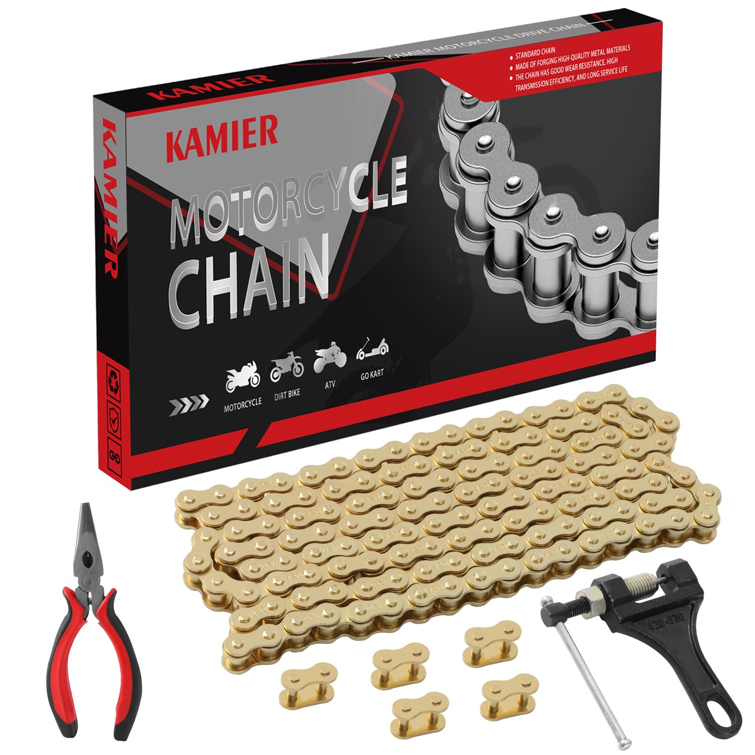 KAMIER 420 Motorcycle Chain 132 Links Gold with Chain Breaker for KX85 KX100 TTR110 SSR TaoTao Coolster Apollo Baja 50 70 90 110
