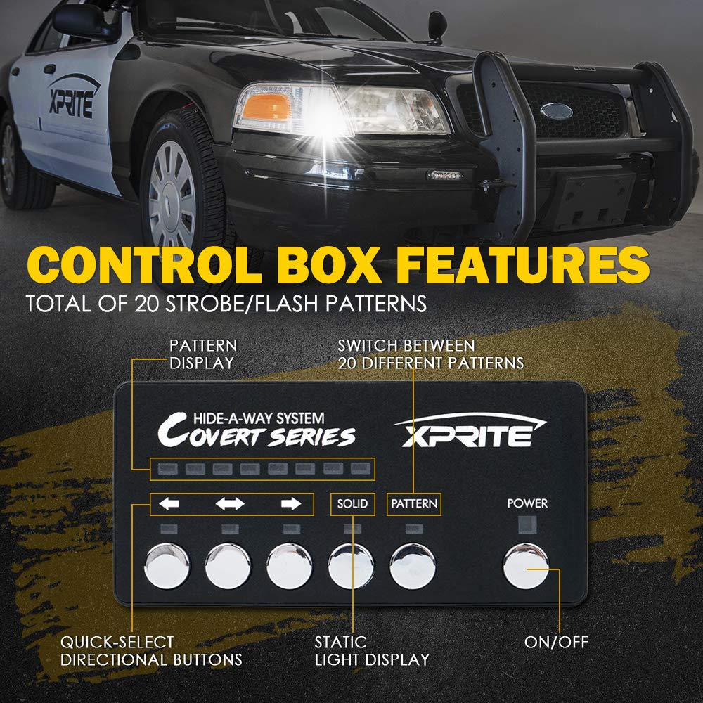 Xprite White Amber Led Hideaway Strobe Lights Kit 20 Flashing Patterns W/Control Panel Headlights Taillights Fog Light Mounting,