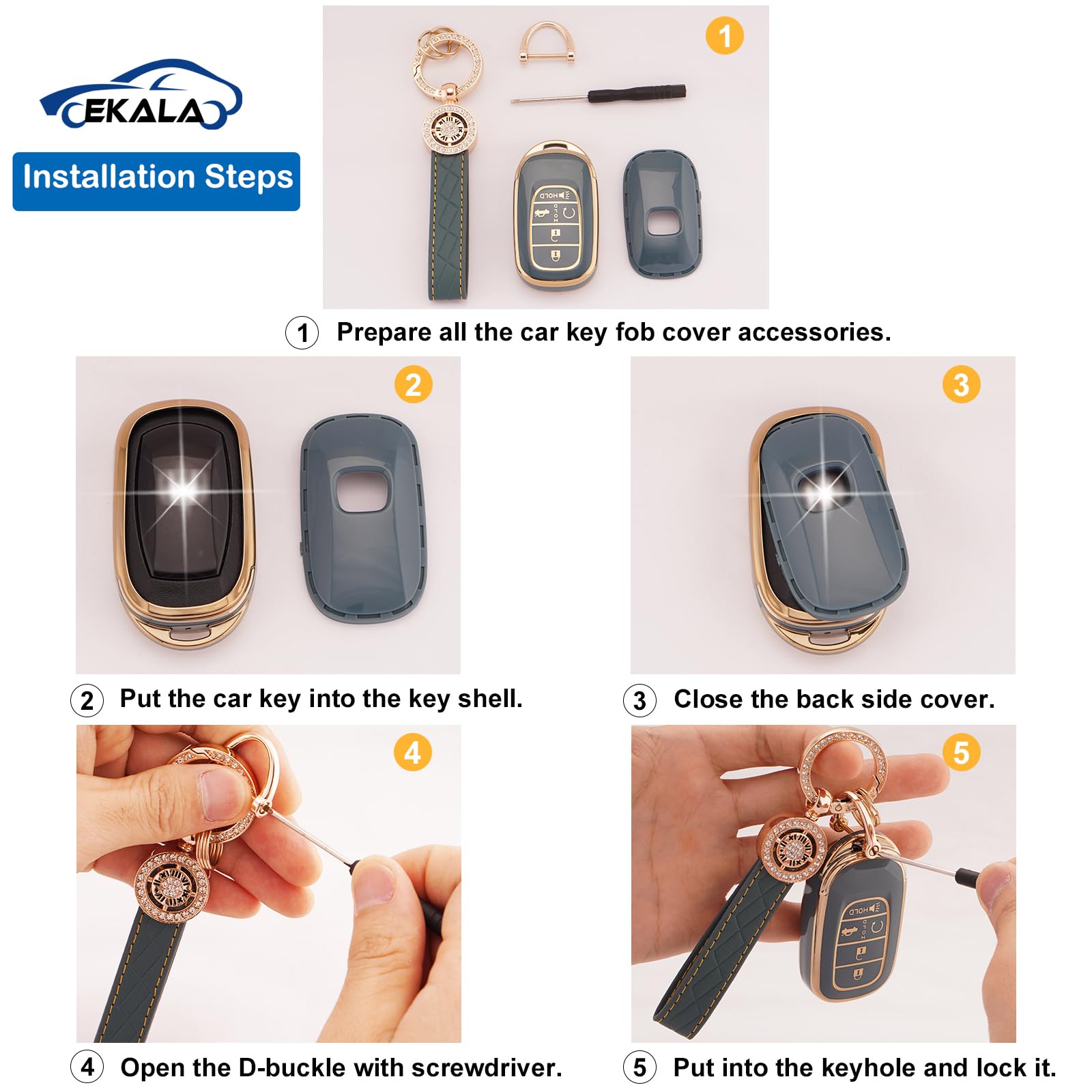EKALA for Honda Key Fob Cover with Leather Key Fob Keychain, 5 Buttons Soft TPU Keys Shells Compatible with 2023 2024 Honda Civi
